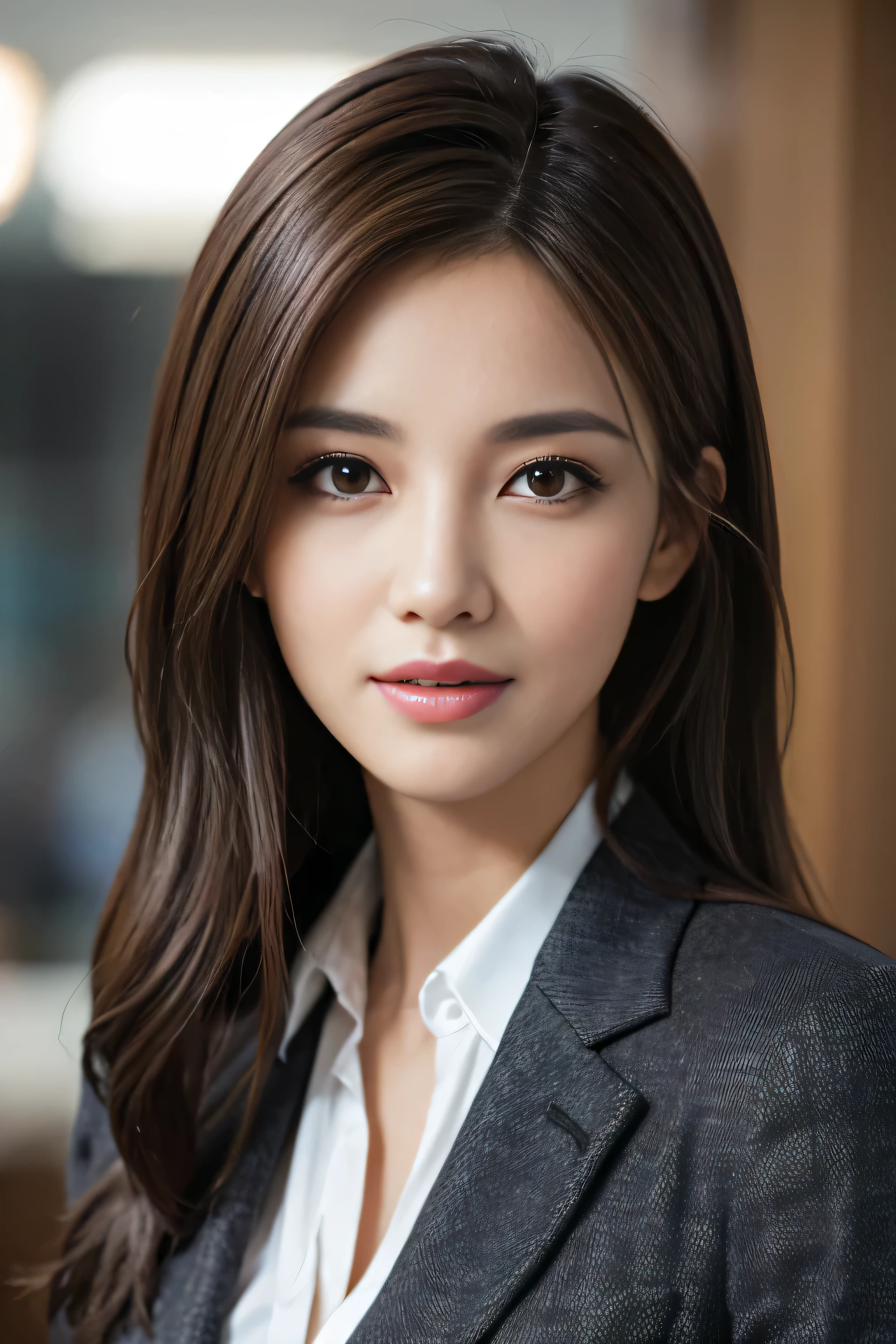 tampo da mesa, Mais alta qualidade, realista, super detalhado, finamente, high resolution, Papel de parede 8K, 1 linda mulher,, messy light brown hair, wearing a business suit, sharp focus, Perfect dynamic composition, Olhos lindos e detalhados, cabelo fino, Detailed realista skin texture, Sorriso, retrato em close, forma do corpo do modelo