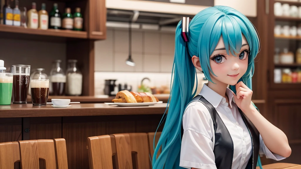 (original photo, best quality), 1 girl, Hatsune Miku , natural lighting, Upper body, cafes, Smile,
Satosh Khan Art Style