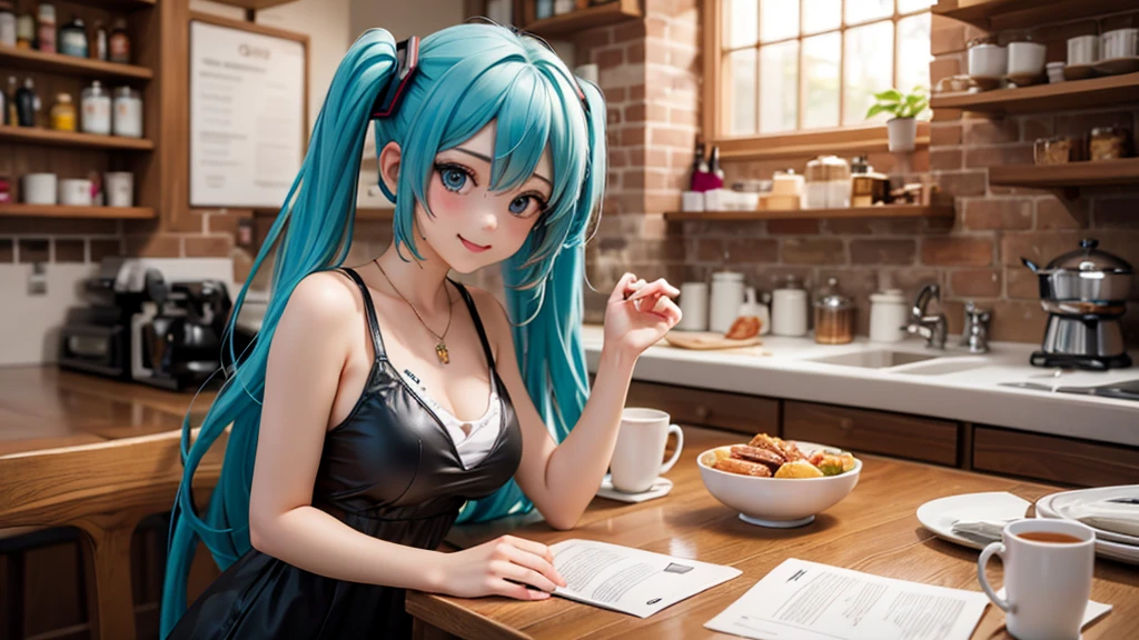 (original photo, best quality), 1 girl, Hatsune Miku , natural lighting, Upper body, cafes, Smile,
Satosh Khan Art Style