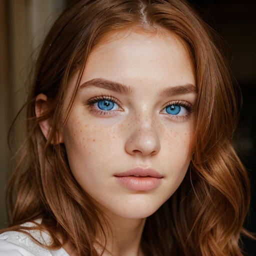 20-year-old girl, angelic face, heterochromia, different color eyes, 1 light blue eye, 1 dark brown eye, super defined freckles, copper orange hair color, looking at camera, blush, natural face, serious expression, wavy hair, short neck-length hair, defined nose, Abundant eyelashes, abundant eyebrows, super defined lips, raised lips, perfect lips, pink lips, pointed lips, natural lighting, portrait, pronounced cheekbones, defined jaw, hyper-realistic, high definition, front face