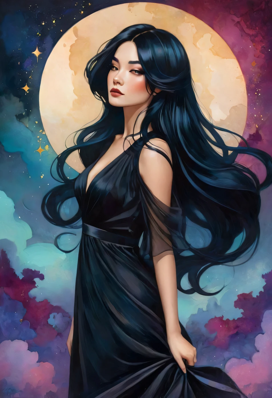 a painting of a woman with long black hair and a black dress, girl with black hair, style of charlie bowater, jen bartel, in style of charlie bowater, woman with black hair, in style of anna dittmann, charlie bowater rich deep colors, inspired by Jeremiah Ketner, inspired by Harumi Hironaka