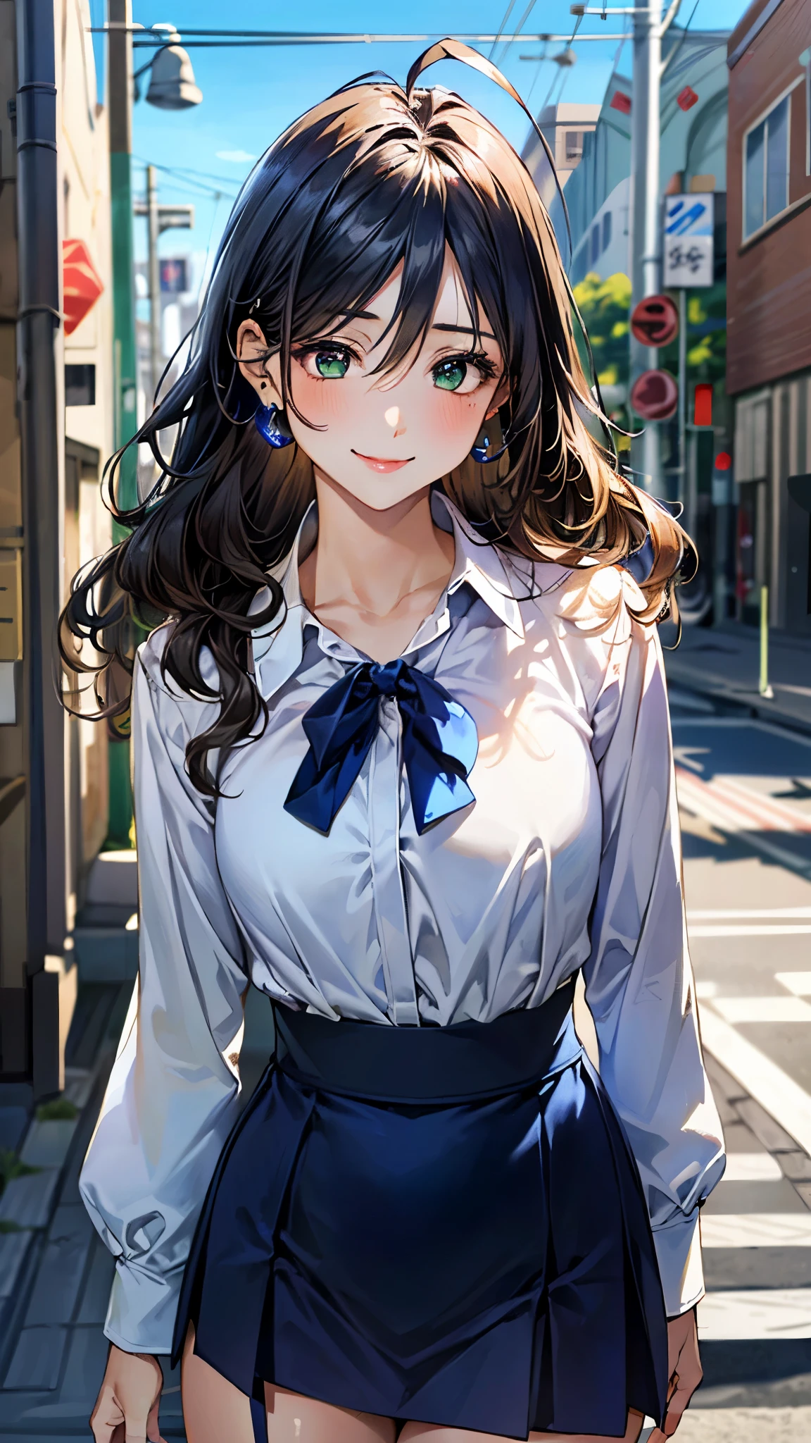 (masterpiece:1.3, top-quality, ultra high res, ultra detailed), (realistic, photorealistic:1.4), beautiful illustration, perfect lighting, natural lighting, colorful, depth of fields, surrealism,
beautiful detailed hair, beautiful detailed face, beautiful detailed eyes, beautiful clavicle, beautiful body, beautiful chest, beautiful thigh, beautiful legs, beautiful fingers, 
looking at viewer, 1 girl, japanese, high school girl, (perfect anatomy, anatomically correct), cute and symmetrical face, babyface, perfect face, perfect eyes, shiny skin, 
(long hair:1.7, wavy hair:0.8, antenna hair, navy hair), hair between eyes, emerald green eyes, , long eye lasher, (large breasts:0.8, seductive thighs), , 
((long sleeve collared white blouse, cobalt blue suspender high waist skirt, cobalt blue neck ribbon)), 
(beautiful scenery), summer, evening, (downtown), extremely sexy, (happy smile), 