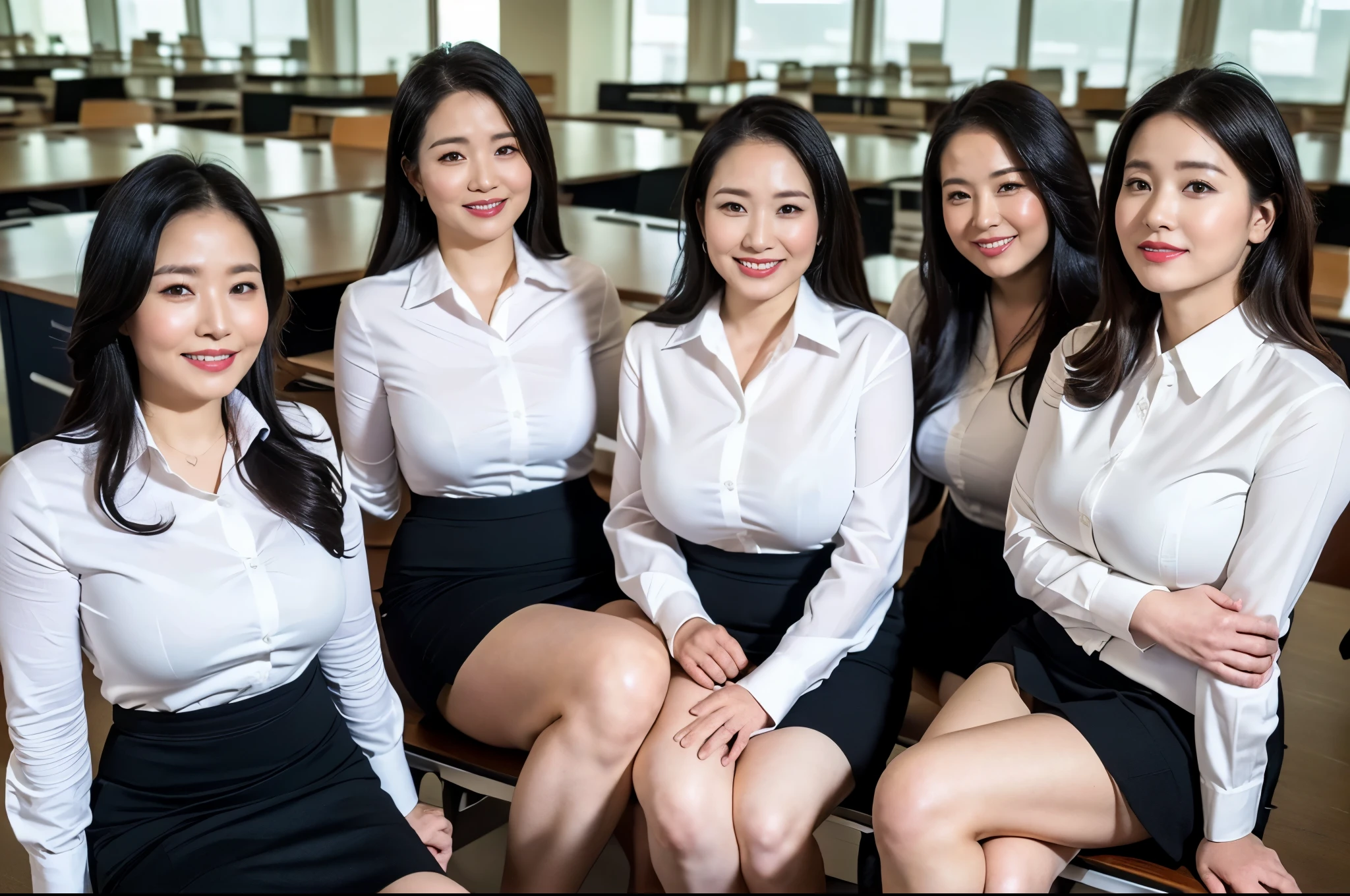 masterpiece, Better Quality, hight resolution, ((Photorealsitic:1.4, Raw photography, ultra high resolution,Top image quality: 1.4)), ((Do not split)),((upper body 1.5)), Beautiful make up, ((Random Age)), ((A big smile:1.5)), ((Random and cute hairstyle)), ((Random breast sizes from large to medium:1.3)), ((wearing business wear, white shirts and black skirt:1.6)), ((in office of CEO,)), ((Random and cute facial expressions:1.2))),, ((3 ladies, Three people sitting on the desks side by side:1.5)) very detailed and professional lighting, ((Random crossing legs:1.5)), ((thigh visible:1.5)),((Random lift up skirt)),