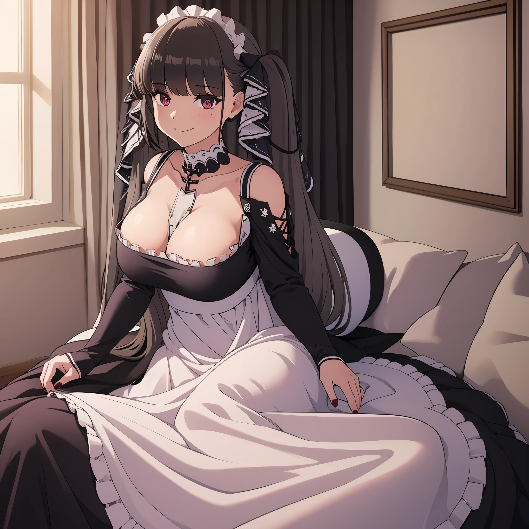 A woman wearing a maid dress, long skirt, long stockings, long black hair, long pigtails, burgundy eyes, big breasts, smiling, in a modern room. HDR, masterpiece, well defined, ultra resolution, high quality, 8k HD. (just a woman, solo)