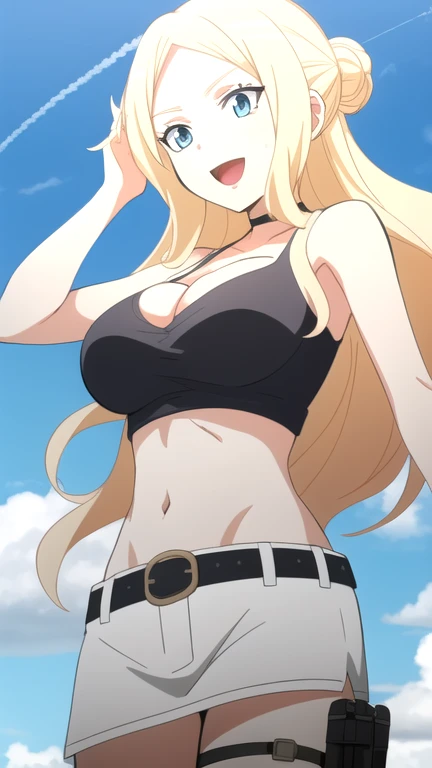 ultra high res, masterpiece, 1girl, IrinaJelaviÄR4, blonde hair, blue eyes,  :d, belt, belt_buckle, , blue_sky, , buckle, choker, crop-top, gun holsters, cleavage, cloud, cloudy_sky, condensation_trail, day, long_hair, navel, open_mouth, outdoors, sky, smile, solo