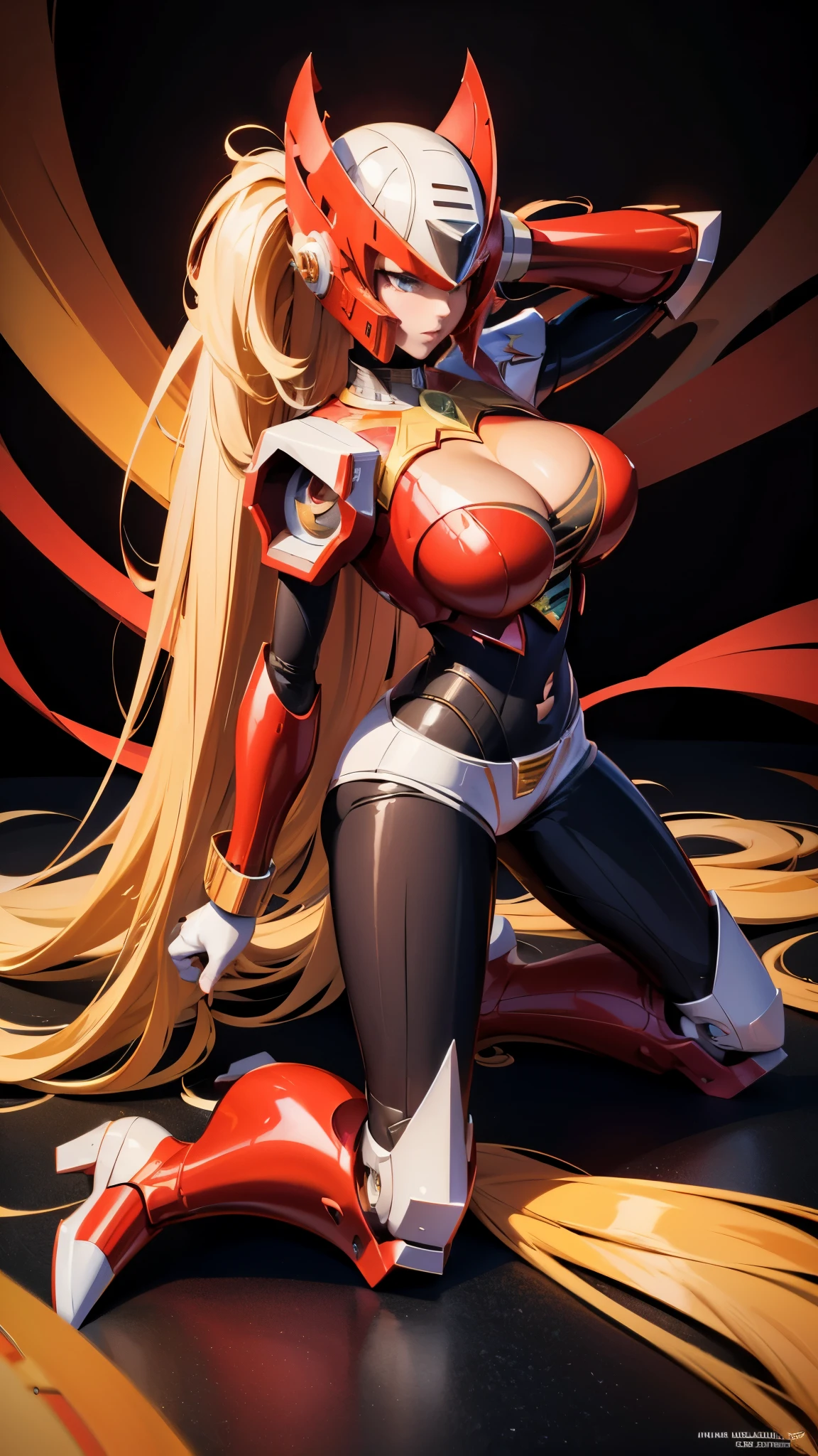 A beautiful woman, ((both hands behind head)) , ((on her knees)), 1 girl, (( mecha)), sexy body figure, long legs, large breasts, (cleavage), busty, beautiful face, Vanessa Kirby, milf, age 28, royal, long blonde color hair, pony tail, helmet, fine armor, futuristic red armor, sci fi, intricate red armor details, red and black color armor, night time, dark city, neon lights, a woman, in a (sexy pose, seductive, flirty) , designed by Gucci::3, tumblr, (inspired by Yanjun Cheng style), digital art, meme lofi internet girl, trend in dezeen, catalog photo, 3 d render beeple, rhads and lois van baarle, cartoon style illustration, (bright pastel colors), a beautiful art illustration, anime girl --ar 2:3 --q 2