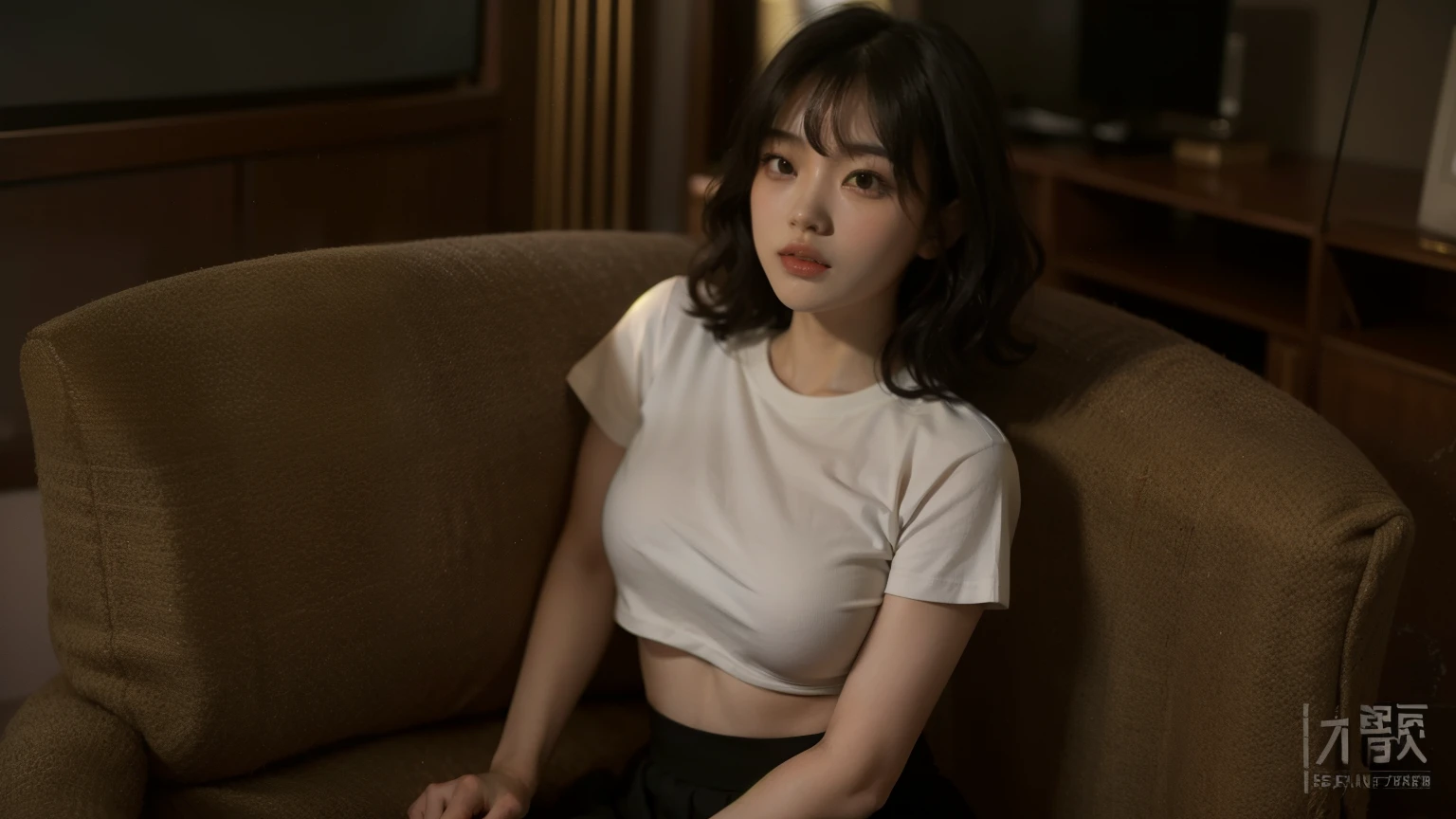 arafed asian woman in a white cropped tshirt and black skirt posing for a picture, thin asian model, tiny waistline, sultry body with sexy belly, ((massive breasts|huge breasts|tight white cropped tshirt|short sleeves)), 2 4 year old female model, ((black skirt|cotton skirt|studs)), beautiful alluring teen, model with attractive body, gorgeous young korean woman, gorgeous young model, young sensual graceful, gorgeous chinese model, sporty physique, ((curly bangs)), ((very dark short hair)), ((black hair in a rough shag)), wavy hair, (masterpiece:1.3), high resolution, ((sensual olive skin)), ((rich golden lighting))