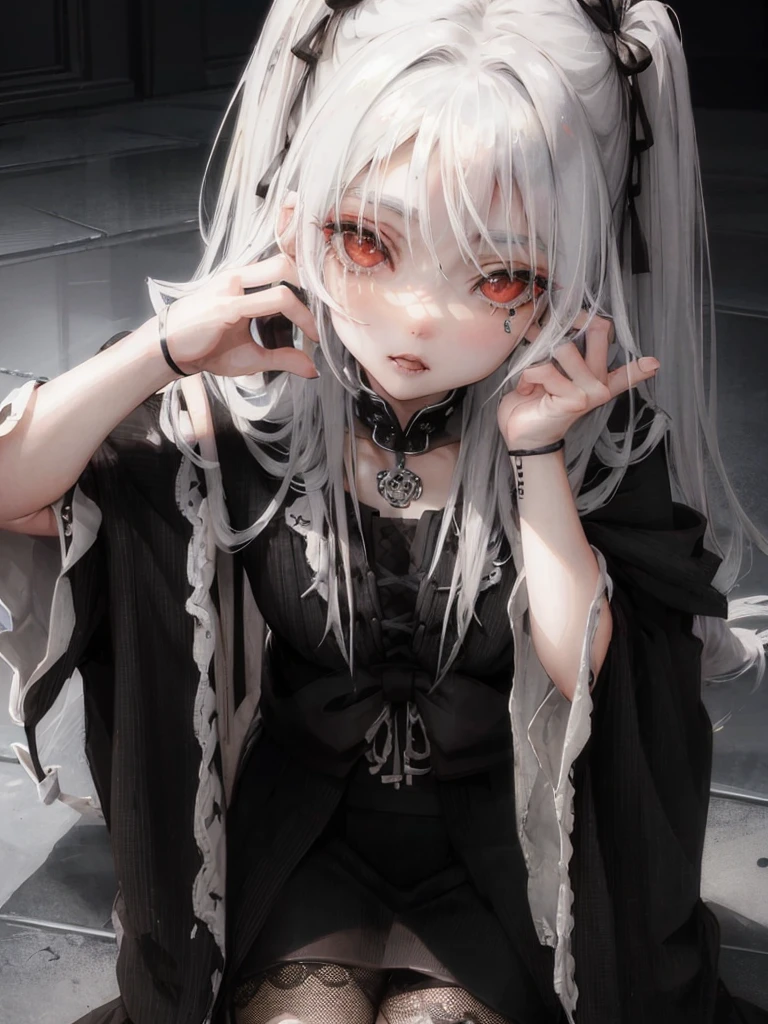 Masterpiece, best quality, high quality, ultra detailed, 1girl, looking at viewer, white hair, gray eyes, black lipstick, black shirt, sitting on a white floor, demon girl, gothcore, 1 3 - year - old, goth girl, japanese gothic, gothic punk style, black metal style, hands on head,.yurikiss、Girl kissing girl、red eyes、