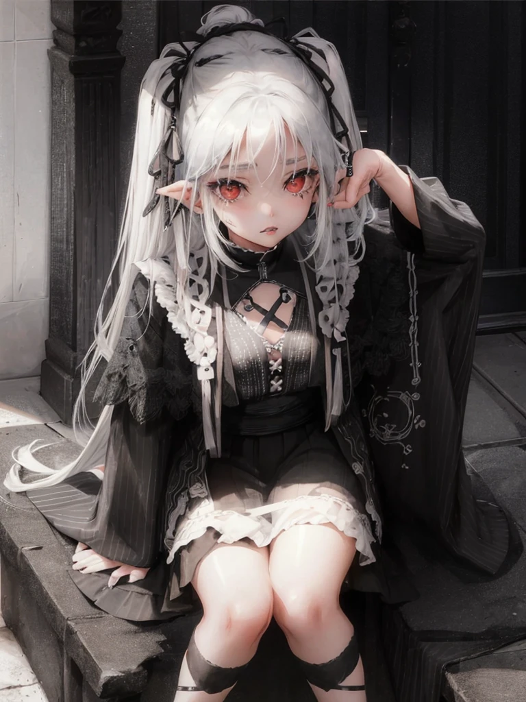 Masterpiece, best quality, high quality, ultra detailed, 1girl, looking at viewer, white hair, gray eyes, black lipstick, black shirt, sitting on a white floor, demon girl, gothcore, 1 3 - year - old, goth girl, japanese gothic, gothic punk style, black metal style, hands on head,.yurikiss、Girl kissing girl、red eyes、