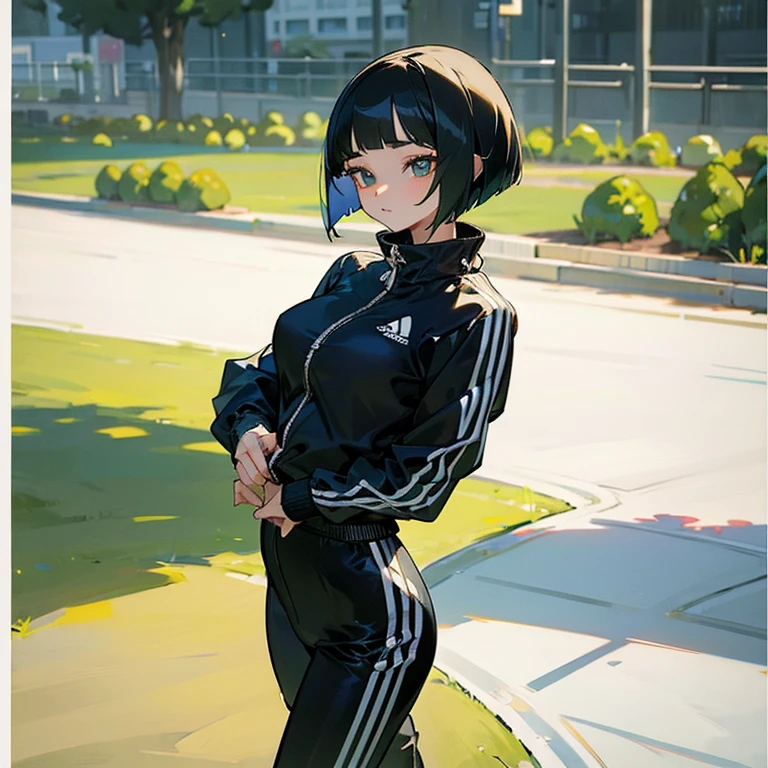 masterpiece、delicate details、tracksuit、Adidas Clothing（zip up）、big breasts、thin waist、athlete、model body shape、Slender beauty、Your face is so cute、Bangs Patsun、Cropped bob cut、Short leggings、long eyelashes、Big eyes、beautiful legs、park background、Dog-walking