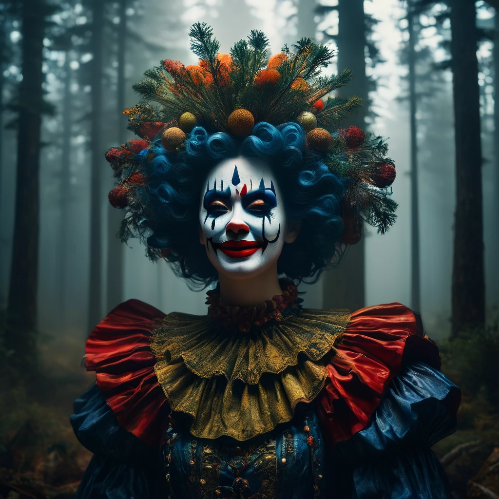 Commercial photography of a beautiful model woman clown with a creepy smile in a pine forest (foggy:1.2), silhouetted in soft shadow (full body photograph:1.2) , uhd photorealisitc authentic psychotic angry madman wearing ornate clown costume and intricate voodoo makeup, shoulders, intricate details, vivid colors, frightening surroundings, correct details, in the style of amano, karol bak, akira toriyama, and greg rutkowski , perfect composition, beautiful detailed intricate insanely detailed octane render trending on artstation, 8 k artistic photography, photorealistic concept art, soft natural volumetric cinematic perfect light, chiaroscuro, award - winning photograph, masterpiece, oil on canvas, raphael, caravaggio, greg rutkowski, beeple, beksinski, giger, perfect composition, beautiful detailed intricate insanely detailed octane render trending on artstation, 8 k artistic photography, photorealistic concept art, soft natural volumetric cinematic perfect light, chiaroscuro, award - winning photograph, masterpiece, oil on canvas, raphael, caravaggio, greg rutkowski, beeple, beksinski, giger, (beautiful supermodel:1.1) resting her head on her hands detailed background bokeh