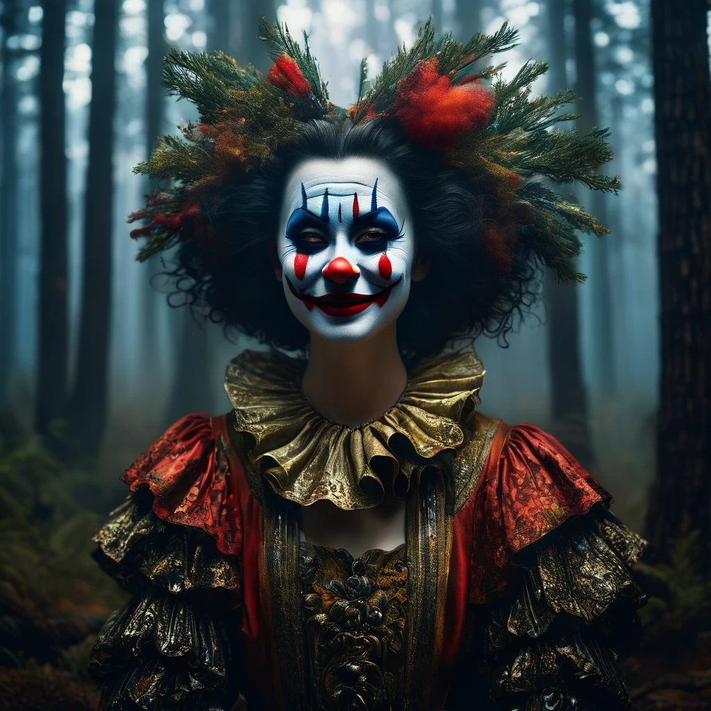 Commercial photography of a beautiful model woman clown with a creepy smile in a pine forest (foggy:1.2), silhouetted in soft shadow (full body photograph:1.2) , uhd photorealisitc authentic psychotic angry madman wearing ornate clown costume and intricate voodoo makeup, shoulders, intricate details, vivid colors, frightening surroundings, correct details, in the style of amano, karol bak, akira toriyama, and greg rutkowski , perfect composition, beautiful detailed intricate insanely detailed octane render trending on artstation, 8 k artistic photography, photorealistic concept art, soft natural volumetric cinematic perfect light, chiaroscuro, award - winning photograph, masterpiece, oil on canvas, raphael, caravaggio, greg rutkowski, beeple, beksinski, giger, perfect composition, beautiful detailed intricate insanely detailed octane render trending on artstation, 8 k artistic photography, photorealistic concept art, soft natural volumetric cinematic perfect light, chiaroscuro, award - winning photograph, masterpiece, oil on canvas, raphael, caravaggio, greg rutkowski, beeple, beksinski, giger, (beautiful supermodel:1.1) resting her head on her hands detailed background bokeh