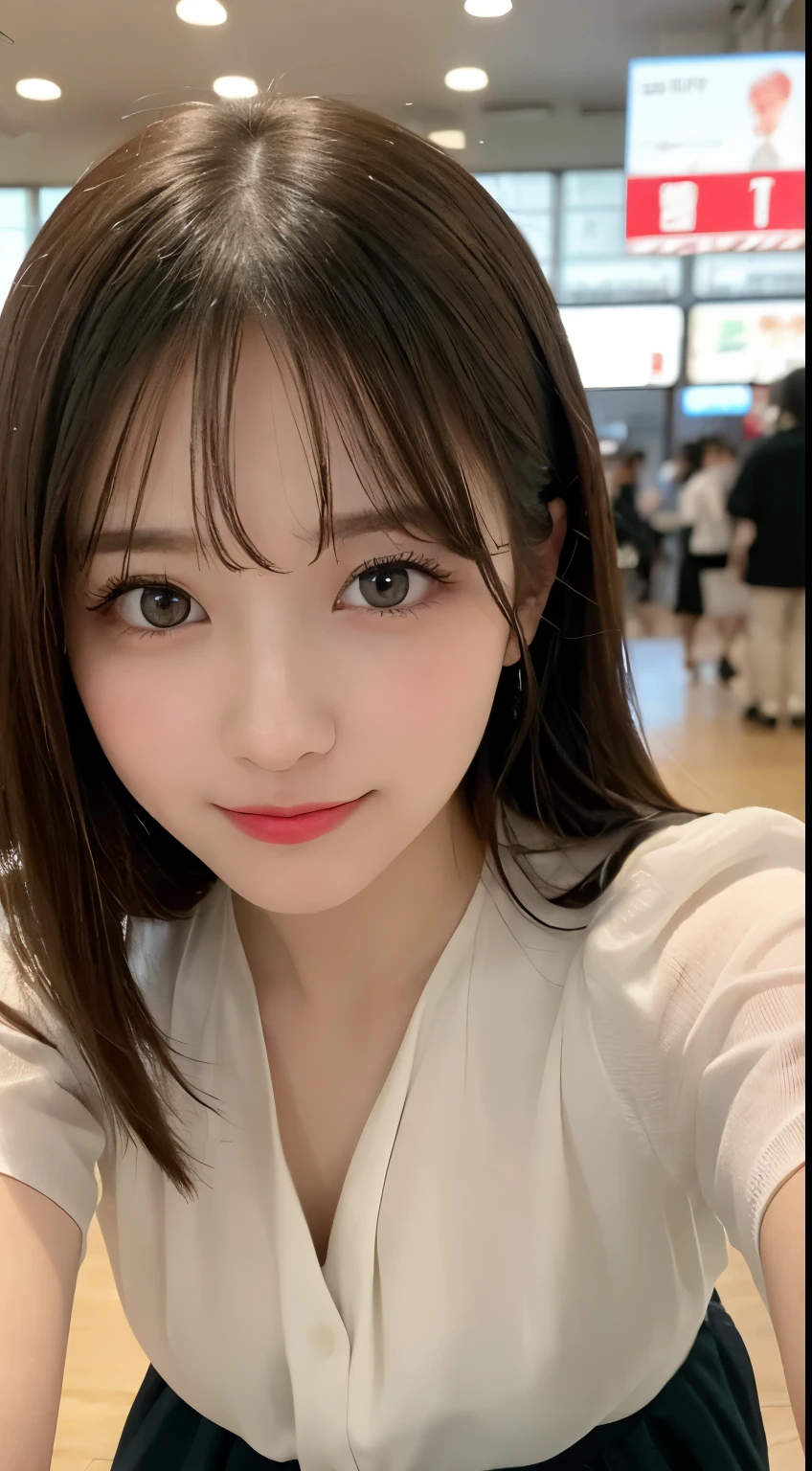 table top, highest quality, shape, Super detailed, finely, High resolution, 8k wallpaper, 完璧なダイナミックな構shape, beautiful and detailed eyes,ランダムなcute髪,,natural color lip, bold sexy pose,smile、20 year old girl、cute、look at the camera,Always blur the background,perfect and beautiful face,slim face and style,Big eyes、Do gal makeup,small face、Inside Tokyo Station、blurred background,Sheer White Blouse、flare skirt、Please be serious about being cute、Please make a cute face、blurred background、Smile