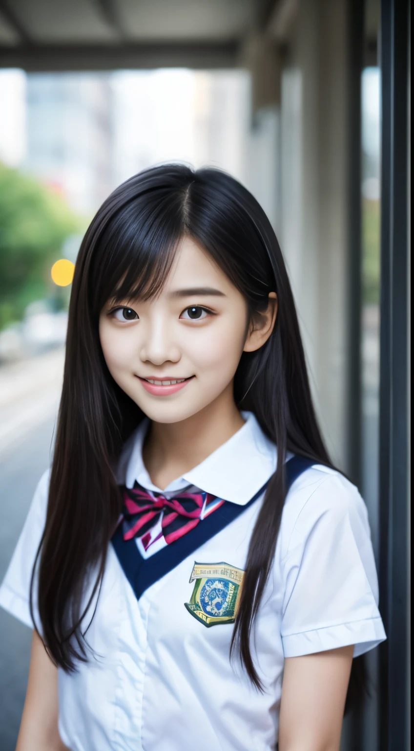 masterpiece, highest quality, 8K, 18-year-old, japanese girl, Raw photo, confused, award winning portrait, smile, smile, alone, , (school uniform:1.2), idol face, viola lace, gardenia, delicate girl, long black hair, black eye, Upper body, Digital single-lens reflex camera, looking at the viewer, Frank, Sophisticated, like々new, thin arms, professional lighting, film grain, chromatic aberration, (Eye and face details: 1.0), 