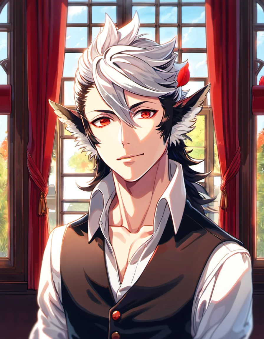 absurdres, highres, ultra detailed, HDR, master piece, best quality, Keaton, white hair, expressive red eyes, Fire emblem fates, 1man, handsome, window, red curtains, red petals