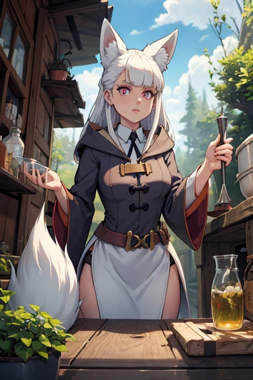 A white haired female witch with copper eyes and white fox ears and a white fox tail in a conservative witch's uniform is making a potion in an outside lab