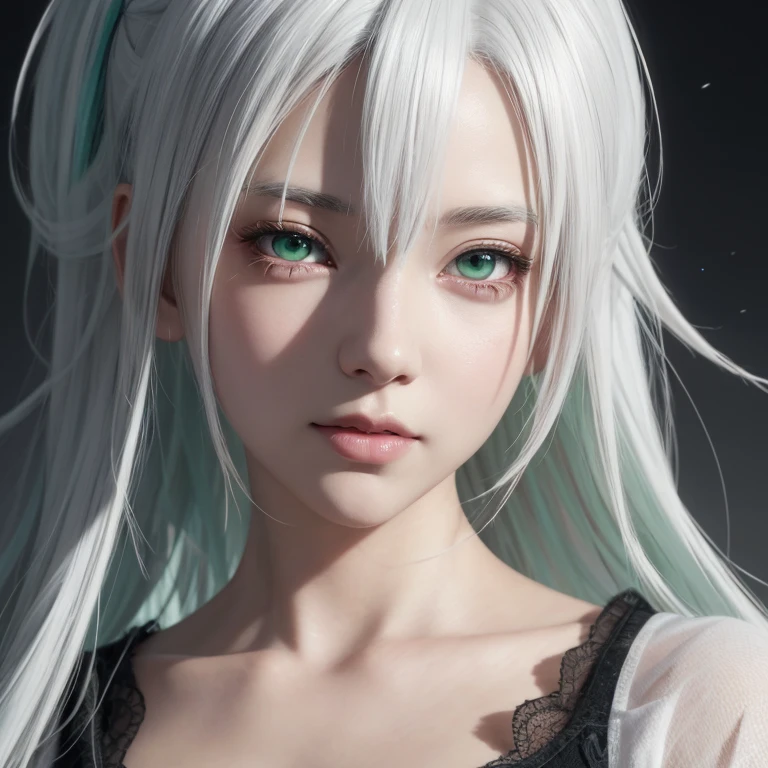 Anime girl with white hair and green eyes, detailed digital anime art, anime style 4k, white haired god, Anime Art Wallpaper 4K, anime art wallpaper 4k, Best Anime 4K Kona-chan Wallpaper, anime art wallpaper 8k, detailed anime artwork, detailed anime art, Detailed anime original drawing, anime wallpaper 4k, anime wallpaper 4k、dark skin、