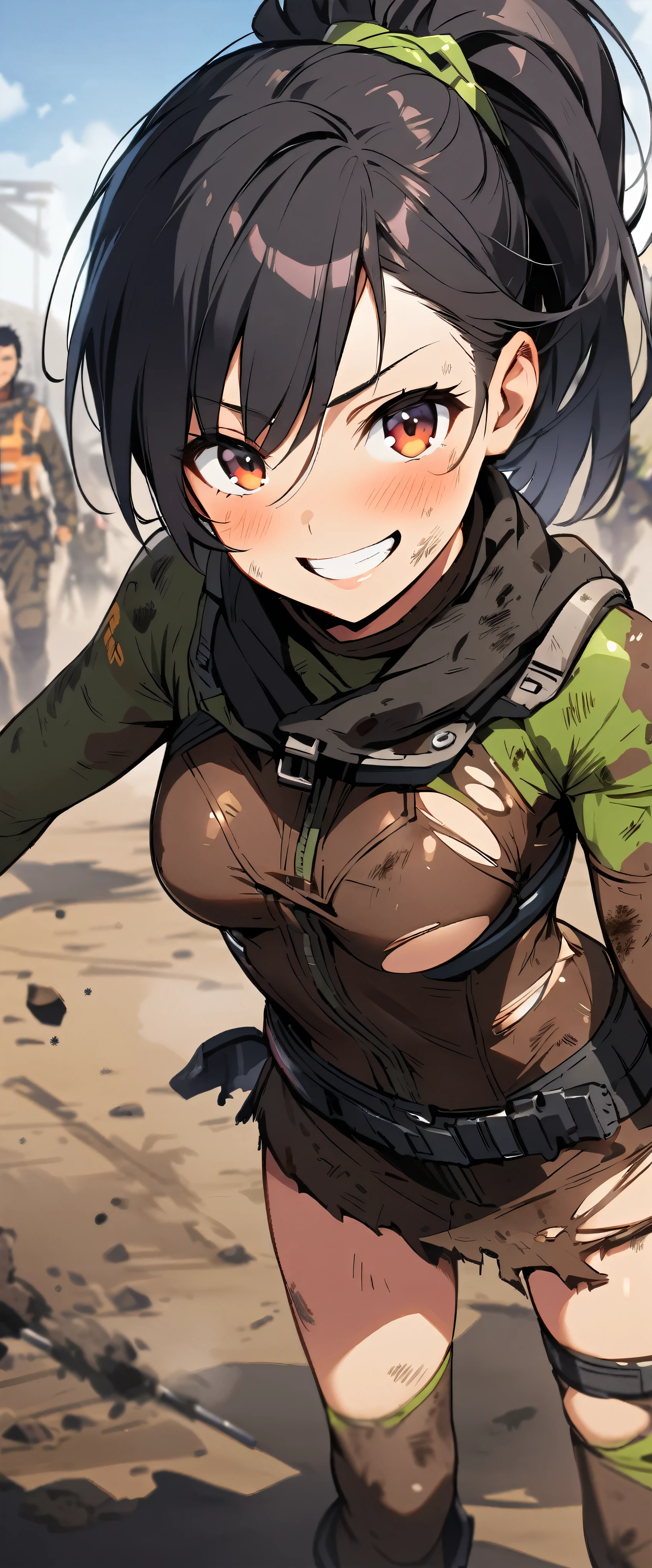 one woman,20-year-old,((smile)),((micro skirt, bodysuit and short cloak,,(black hair,(The bodysuit is dirty with dirt.)((The bodysuit is torn))battlefield