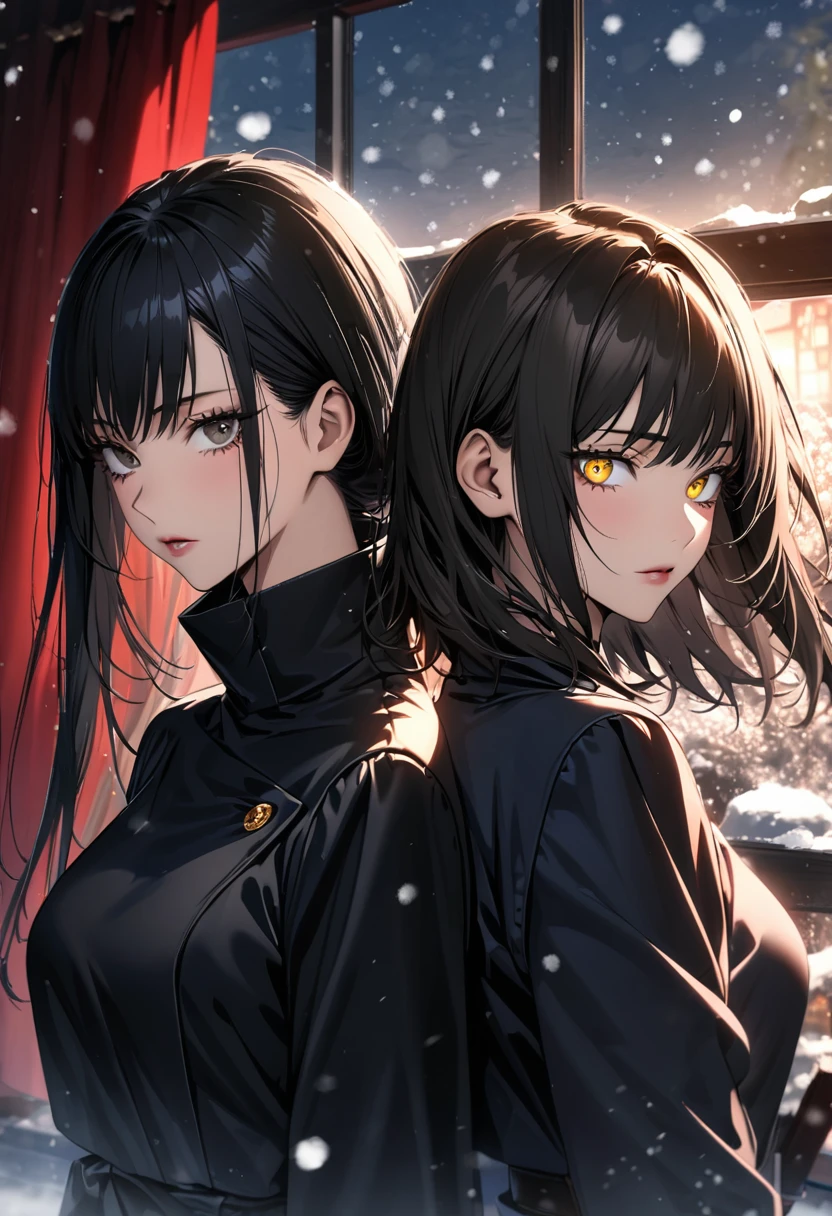 Ultra detailed, highres, absurdres, HDR, Zenin Maki, black hair, golden eyes, Zenin Mai, black hair, golden eyes, Jujutsu Kaisen, 2 women together, extremely beautiful, window, snowing, red curtains,
