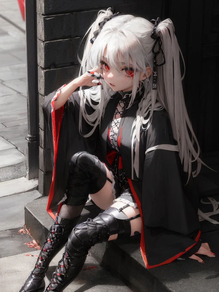 Masterpiece, best quality, high quality, ultra detailed, 1girl, looking at viewer, white hair, gray eyes, black lipstick, black shirt, sitting on a white floor, demon girl, gothcore, 1 3 - year - old, goth girl, japanese gothic, gothic punk style, black metal style, hands on head,.yurikiss、Girl kissing girl、red eyes、
