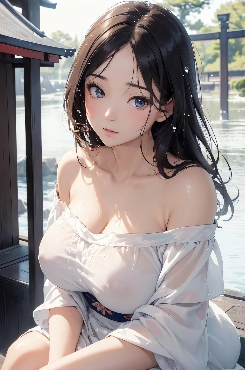 (((masterpiece))),(((High resolution)))、(((8K)))、(((perfect face)))、(((beauty of japan)))、40 years old、(((beautiful face))), (((off shoulder dress))), Plump, embarrassed look, look at the camera, top quality eyes, detailed texture, look at the camera, big tits, ((Girl covered in white liquid))
