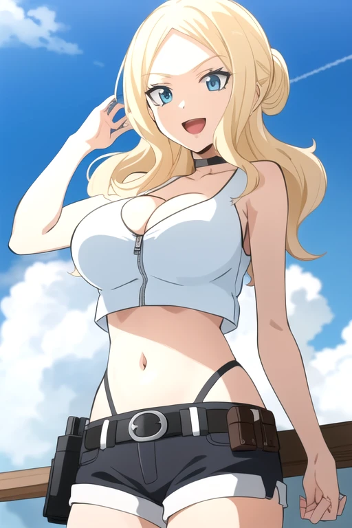 ultra high res, masterpiece, 1girl, IrinaJelaviÄR4, blonde hair, blue eyes, :d, short-shorts, belt, belt_buckle, , blue_sky, , buckle, choker, crop-top, gun holsters, cleavage, cloud, cloudy_sky, condensation_trail, day, long_hair, navel, open_mouth, outdoors, sky, smile, solo
