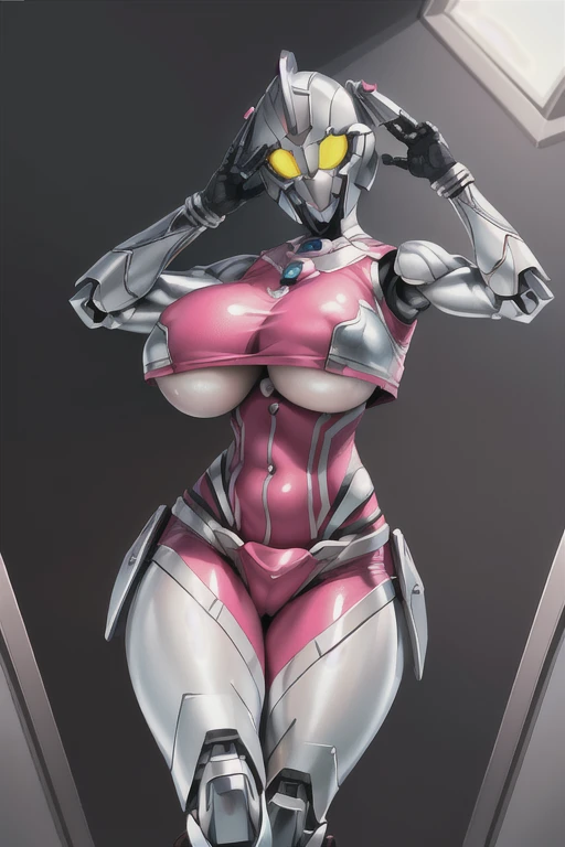 masterpiece,best quality,realistic,1girl,mature female,UltraMarie,armor,glowing,glowing_eyes,helmet,mecha,robot,twintails,yellow_eyes,????????????,wide ????,thick thighs,shiny clothes,(spacecraft interior),(Masterpiece :1.1, Best Quality:1.1, 16 K, High resolution), 1womanl, (Ultra-realistic portrait of the Pink Power Ranger), Ultra-detailed, Illustration, (Pink Power Rangers Costume, Belt bag, gloves, sentai helmet, ((ultra huge ????:1.5, ultra huge ?????:1.5, ultra ????????????:1.5, Perfect slim body style:1.2)), hyper detailed face, ultra detailed skin texture,anime,very muscular!, muscular girl, muscular!!, oc commission, muscular!! sci-fi, strong pose, most strongest pose, thicc, super buff and cool, 2 b, 2b, (sfw) safe for work, sfw version, feminine and muscular INFO