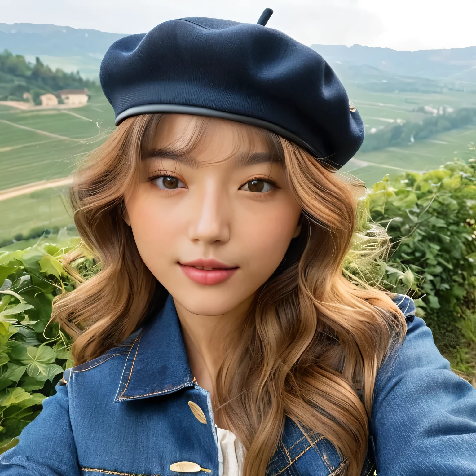 (high resolution, ultra-detailed, photorealistic), selfie of 1girl, sjang, long wavy light brown hair with bangs, beret, denim jacket, background: french landscape, realistic face, accurate, beautiful