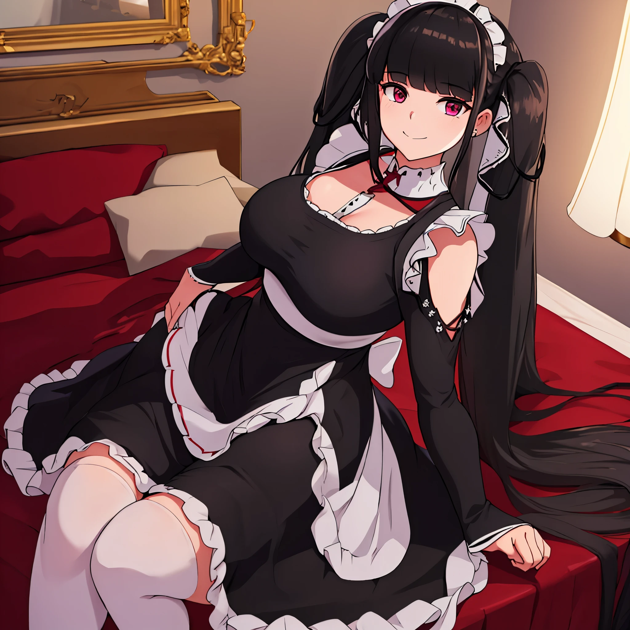 A woman wearing a maid dress, long skirt, long stockings, long black hair, long pigtails, burgundy eyes, big breasts, smiling, in a modern room. HDR, masterpiece, well defined, ultra resolution, high quality, 8k HD. (just a woman, solo)
