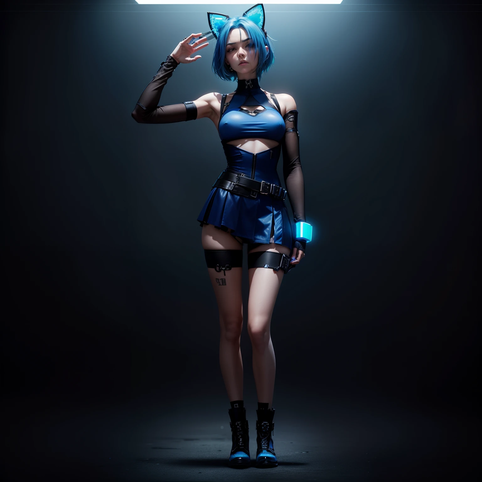 create a cyberpunk style, as sexy as possible, high quality, do not change clothing details, do not change shoe styles, do not change face details, do not change hair details, blue hair, do not change balance, do not change dimensions, high quality, high sharpness, very clear picture , do not change the colors of clothing, do not change the color of the model, do not change the details of accessories, do not change the details of accessories, blue dress with black inserts, white tights, blue elbow-length gloves, brightly prominent nipples on the chest, transparent skirt, panties visible