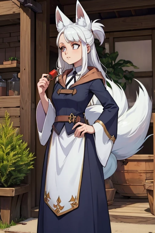 A white haired female witch with copper eyes and white fox ears and a white fox tail in a conservative witch's uniform is making a potion in an outside lab