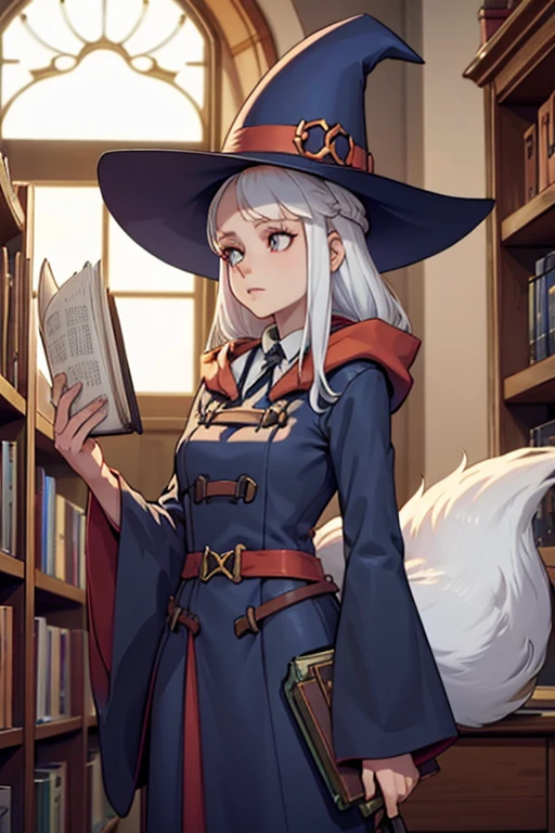 A white haired female witch with copper eyes and white fox ears and a white fox tail in a conservative witch's uniform is  picking out a spell book in the library