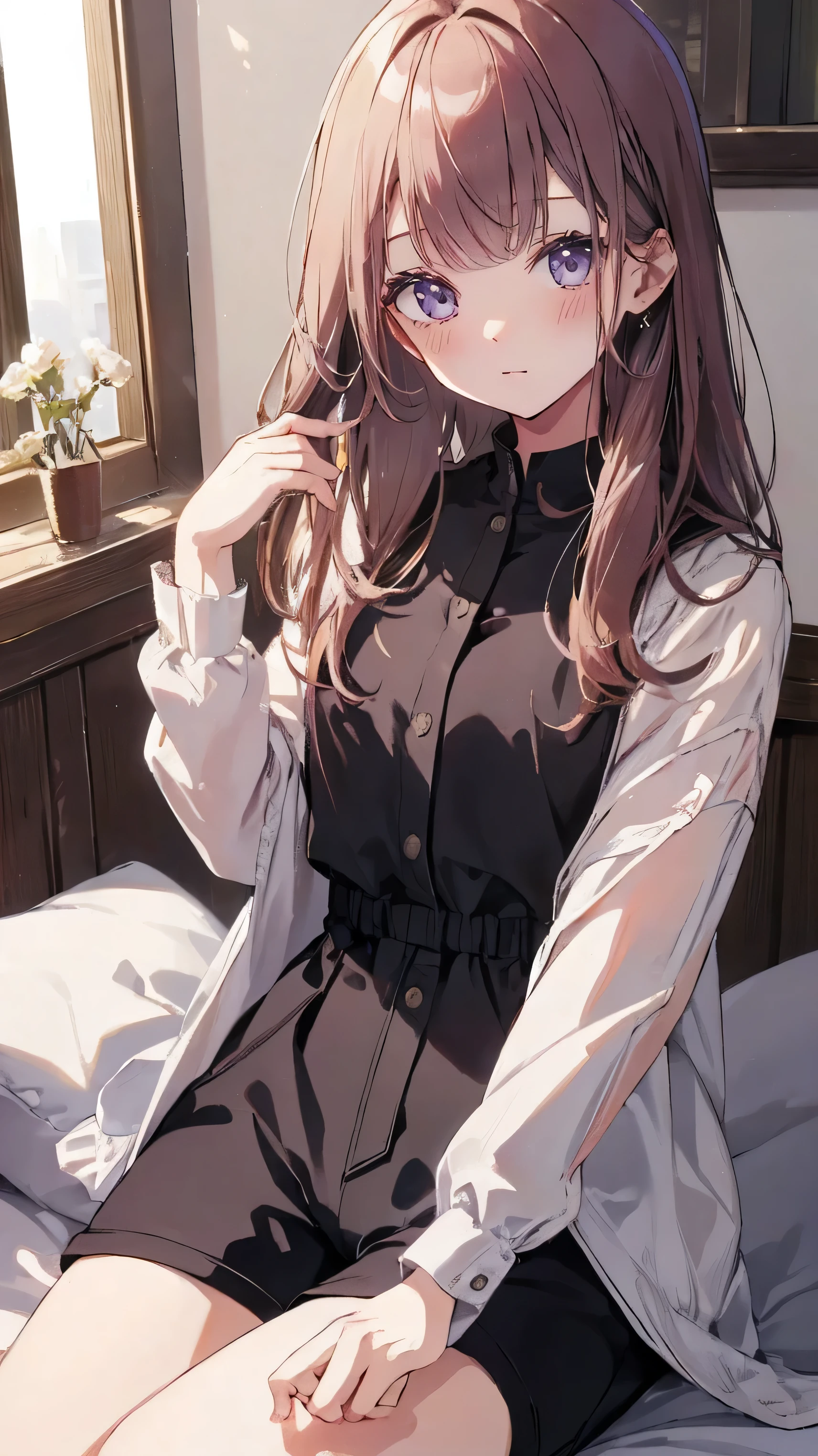 master piece、Highest image quality、highest quality、 ((panic))、glossy hair quality、small face、sitting、Super detailed and beautiful bright eyes、Super detailed clear and beautiful face、(cute illustration:1.2), High-resolution, ultra-detailed, best quality, embarrassed、(Gaps in shorts)