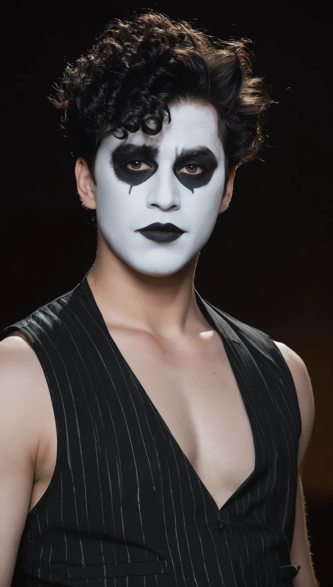 A movie poster, full color, a mime, male, 28 years-old, wearing black and white crow makeup and a dark pinstriped vest, stocky, soft doughy physique, deep brown eyes, wide bulbous nose, full lips, black lipstick, black hair, curly quiff, thick bushy eyebrows, extremely hairy chest, stomach, and arms, lots of body hair, posing on a neon-lit rooftop, hard shadows, RAW photograph, cinematic shot, masterpiece