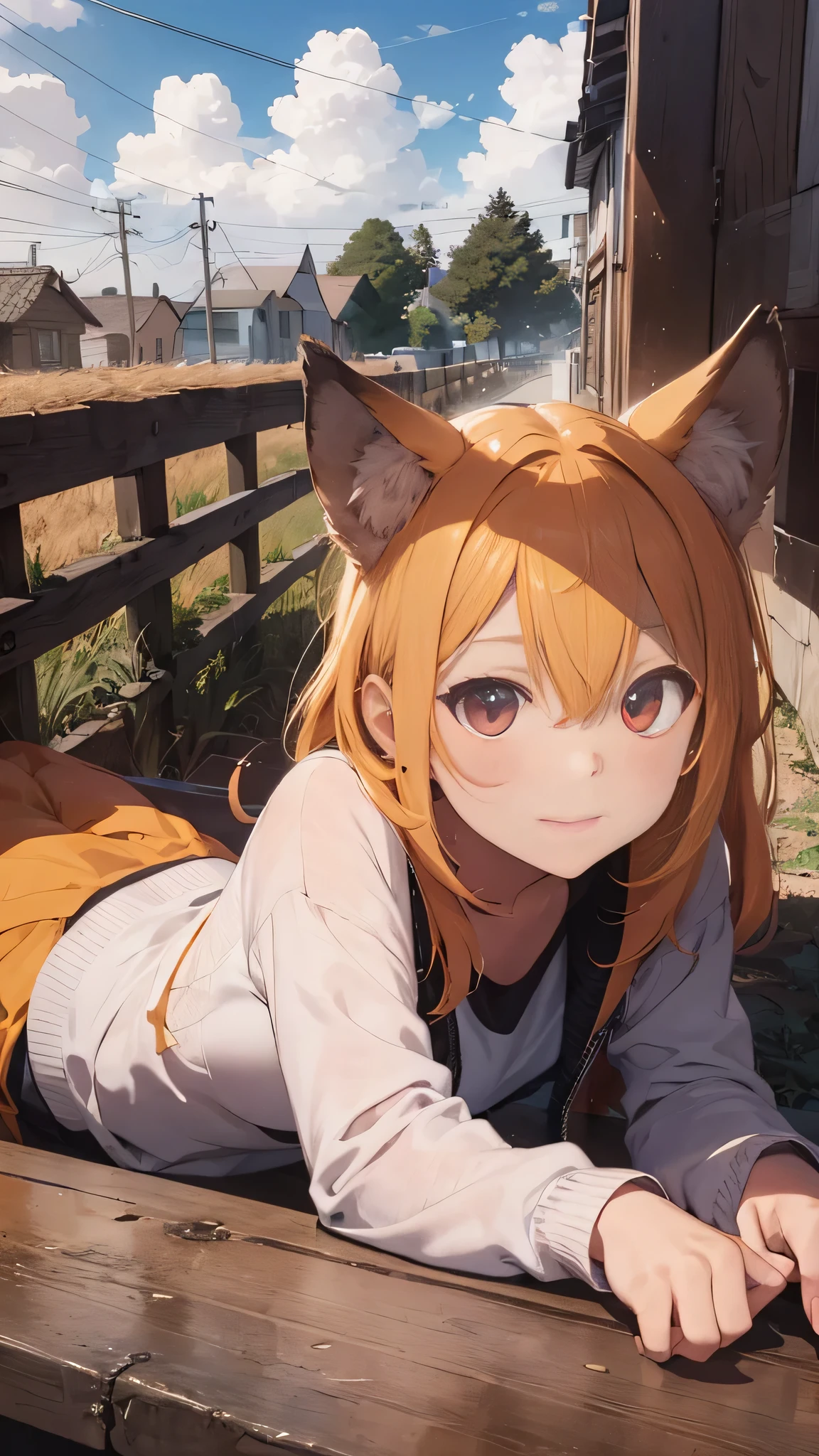 (best quality:1.2), (ultra detailed:1.2), ultra high resolusion, highres,8k, Country roads, wheat fields, hoodless horse-drawn carriage, "Spice and Wolf", Holo lying on a heap of apples piled up on a loading platform, smile, offering an apple, orange hair, long hair, red eyes, wolf ears, bushy wolf tail, afternoon,