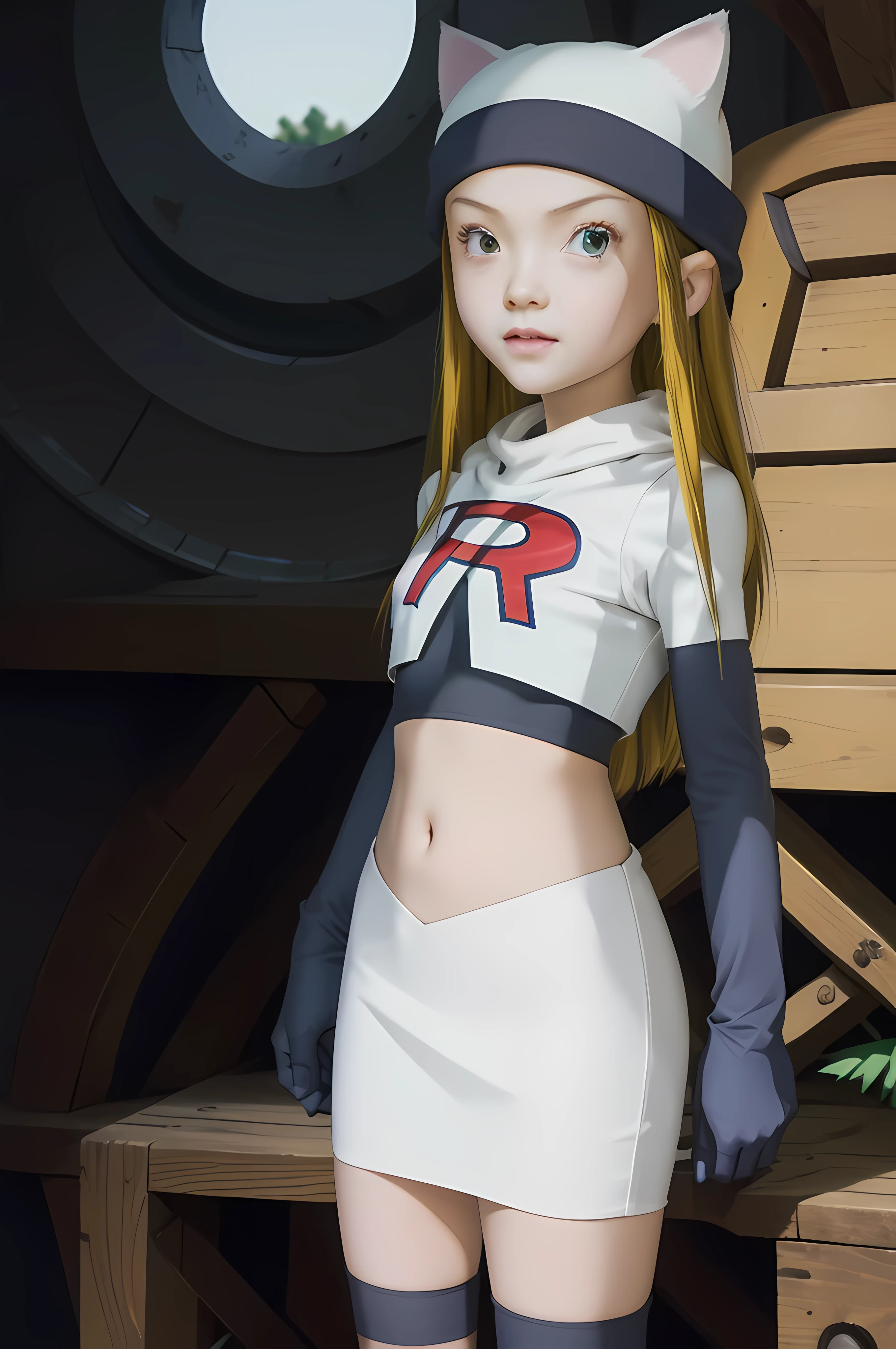 masterpiece, best quality, Izumi\(digimon\),hair over one eye, green eyes, long hair, 1girl, solo, team rocket,team rocket uniform, red letter R, white skirt,white crop top,black thigh-highs,black elbow gloves, cat hat