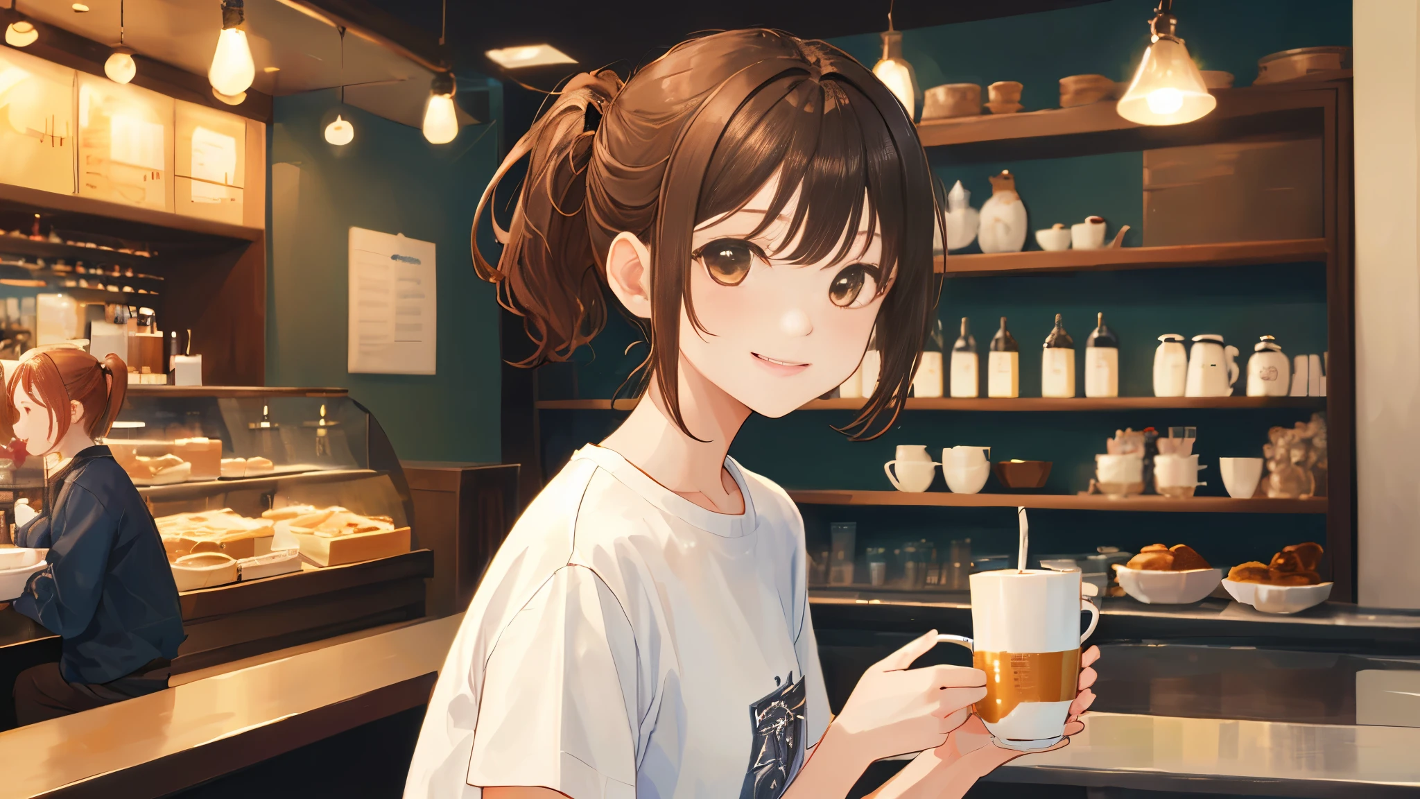 (masterpiece、highest quality:1.2), solo, 1 girl, Piper, Looking at the viewer with a big smile, brown hair, ponytail, white t-shirt, denim, (brown hair, short hair, bangs),Eat Neapolitan at a cafe,fine skin,close up shot,standing