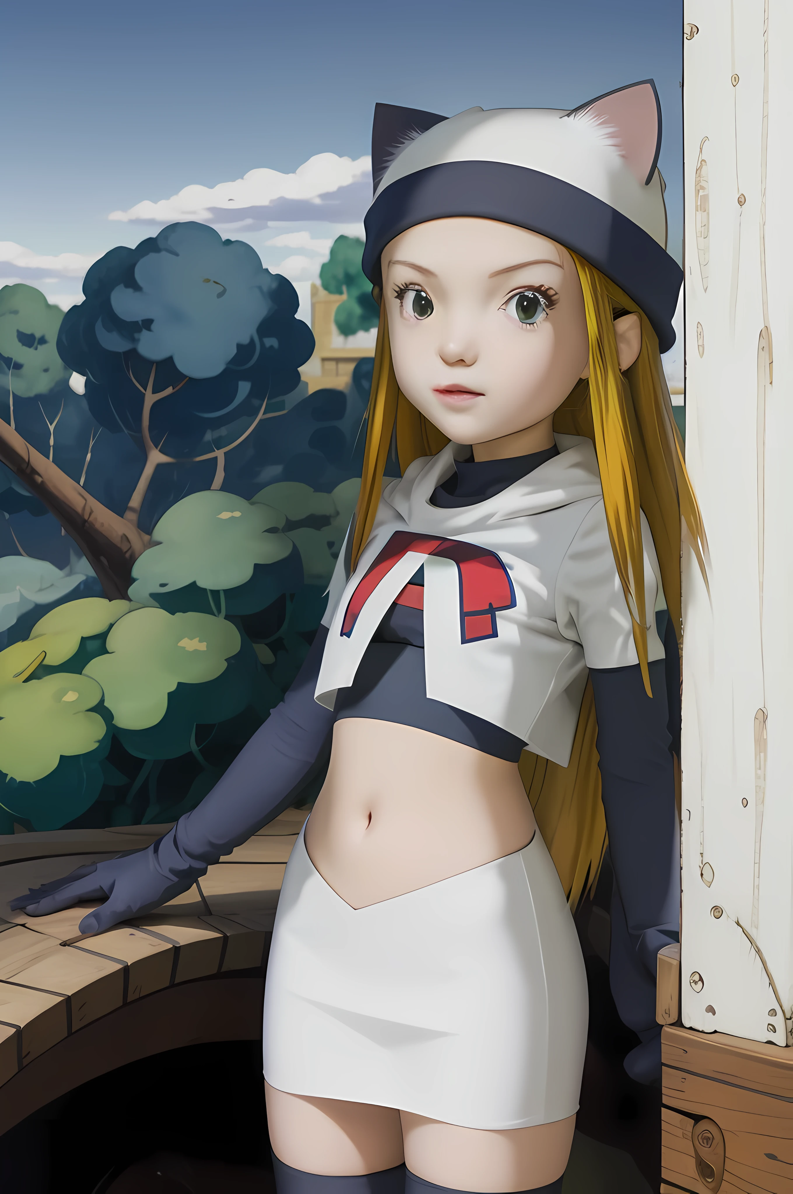 masterpiece, best quality, Izumi\(digimon\),hair over one eye, green eyes, long hair, 1girl, solo, team rocket,team rocket uniform, red letter R, white skirt,white crop top,black thigh-highs,black elbow gloves, cat hat