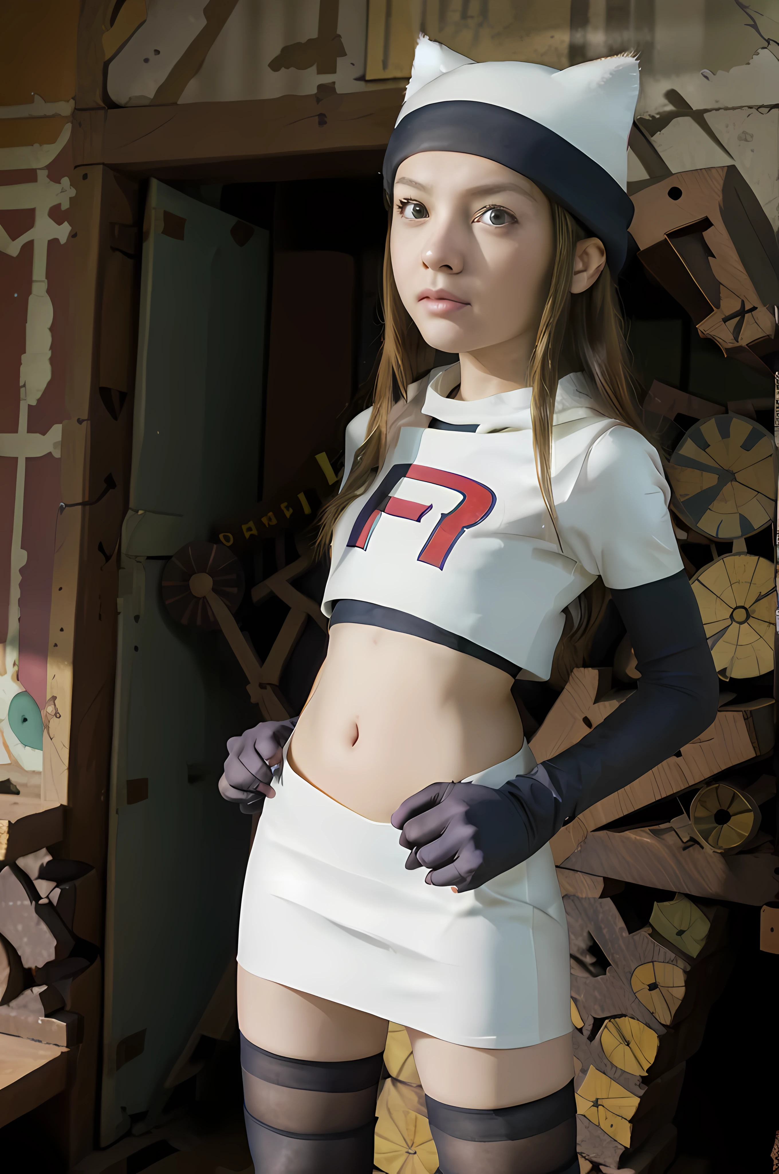 masterpiece, best quality, Izumi\(digimon\),hair over one eye, green eyes, long hair, 1girl, solo, team rocket,team rocket uniform, red letter R, white skirt,white crop top,black thigh-highs,black elbow gloves, cat hat