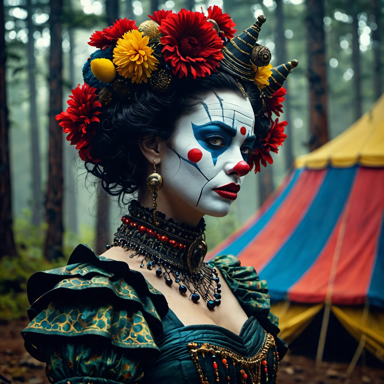 Commercial photography of a beautiful model woman clown with a creepy smile in a pine forest with a circus tent in the background and a camp fire (foggy:1.2), silhouetted in soft shadow (full body photograph:1.2) , uhd photorealisitc authentic psychotic angry madman wearing ornate clown costume and intricate voodoo makeup, shoulders, intricate details, vivid colors, frightening surroundings, correct details, in the style of amano, karol bak, akira toriyama, and greg rutkowski , perfect composition, beautiful detailed intricate insanely detailed octane render trending on artstation, 8 k artistic photography, photorealistic concept art, soft natural volumetric cinematic perfect light, chiaroscuro, award - winning photograph, masterpiece, oil on canvas, raphael, caravaggio, greg rutkowski, beeple, beksinski, giger, perfect composition, beautiful detailed intricate insanely detailed octane render trending on artstation, 8 k artistic photography, photorealistic concept art, soft natural volumetric cinematic perfect light, chiaroscuro, award - winning photograph, masterpiece, oil on canvas, raphael, caravaggio, greg rutkowski, beeple, beksinski, giger, (beautiful supermodel:1.1) resting her head on her hands detailed background bokeh