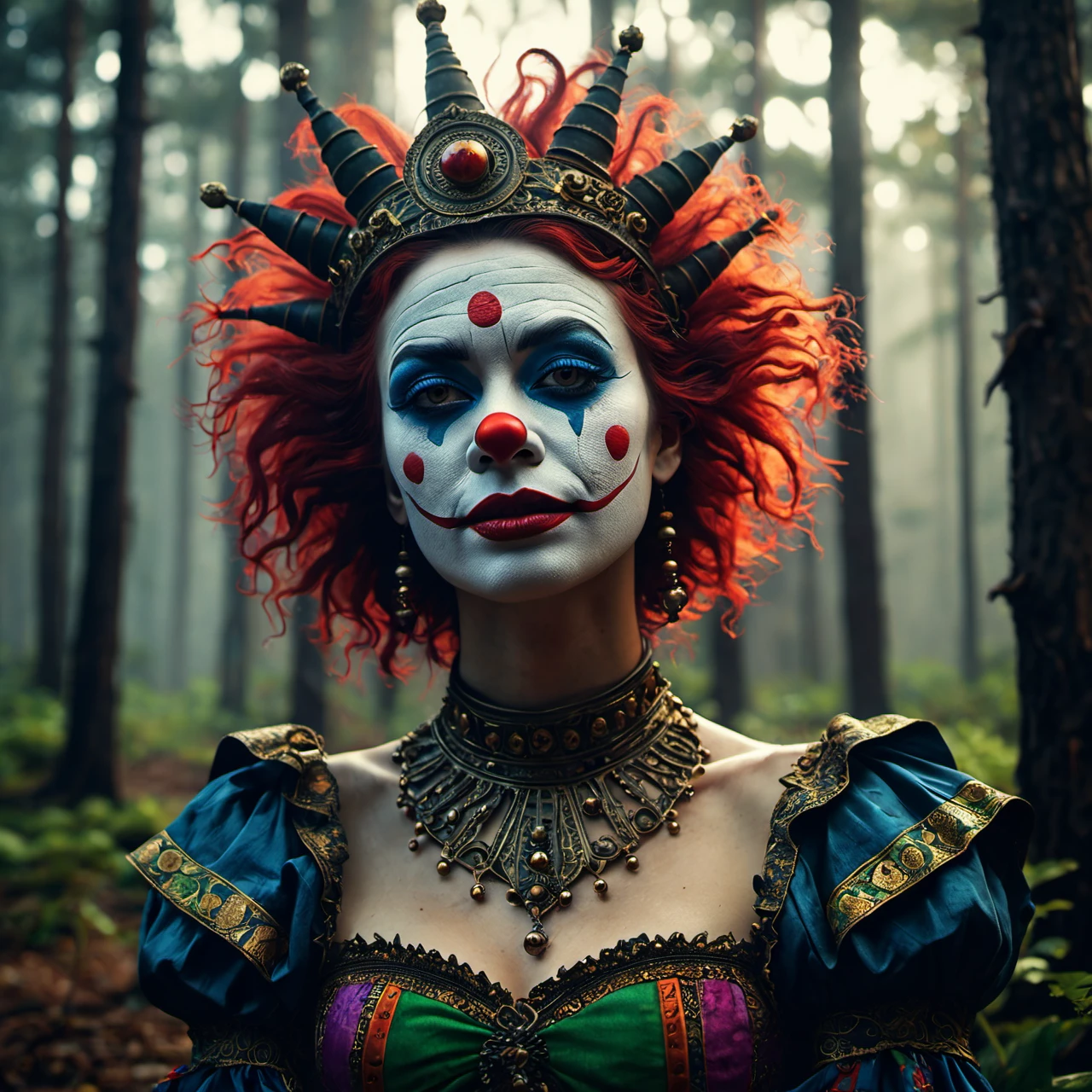 Commercial photography of a beautiful model woman clown with a creepy smile in a pine forest with a circus tent in the background and a camp fire (foggy:1.2), silhouetted in soft shadow (full body photograph:1.2) , uhd photorealisitc authentic psychotic angry madman wearing ornate clown costume and intricate voodoo makeup, shoulders, intricate details, vivid colors, frightening surroundings, correct details, in the style of amano, karol bak, akira toriyama, and greg rutkowski , perfect composition, beautiful detailed intricate insanely detailed octane render trending on artstation, 8 k artistic photography, photorealistic concept art, soft natural volumetric cinematic perfect light, chiaroscuro, award - winning photograph, masterpiece, oil on canvas, raphael, caravaggio, greg rutkowski, beeple, beksinski, giger, perfect composition, beautiful detailed intricate insanely detailed octane render trending on artstation, 8 k artistic photography, photorealistic concept art, soft natural volumetric cinematic perfect light, chiaroscuro, award - winning photograph, masterpiece, oil on canvas, raphael, caravaggio, greg rutkowski, beeple, beksinski, giger, (beautiful supermodel:1.1) resting her head on her hands detailed background bokeh