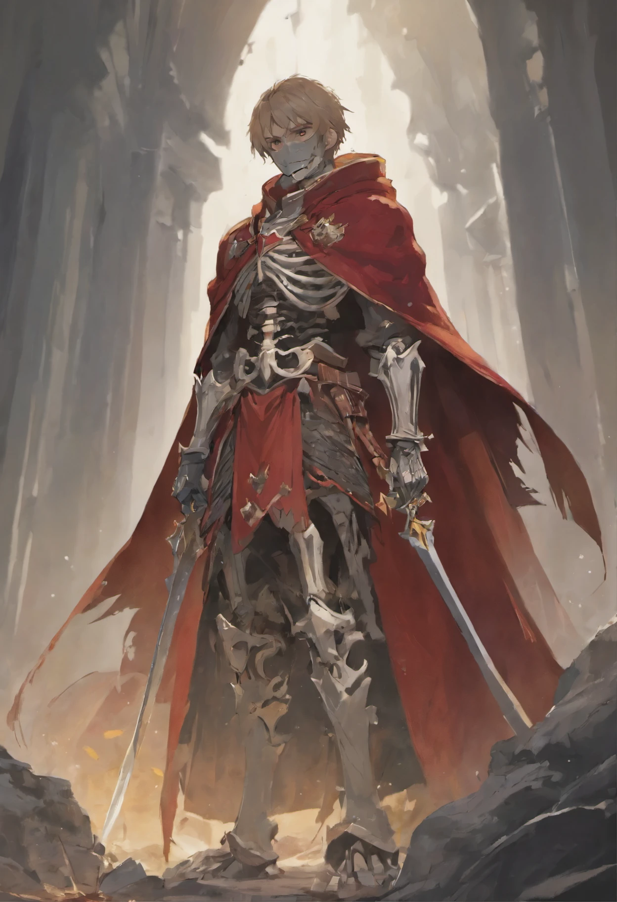 Craft a hyper-realistic portrayal of a skeleton draped in a striking red cloak, standing amidst a landscape of rugged terrain. Render every fold and texture of the fabric with meticulous detail, capturing the interplay of light and shadow as it cascades over the knight's form. The armor should gleam with a lustrous sheen, reflecting the surrounding environment with stunning clarity. Incorporate subtle imperfections and weathering to add depth and authenticity to the scene, immersing the viewer in a world where every scratch and scuff tells a story of battles fought and victories won. This hyper-realistic depiction should transport viewers to a realm where the line between fantasy and reality blurs, leaving them in awe of the knight's strength and presenc