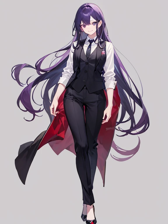purple,medium long hair,woman,suit,black vest,Shirt with rolled up sleeves,tie,pants,high heels,,simple background,smile,whole body,full body,full body,Standing picture,vtuber,upright,,Standing upright with face and body facing forward,