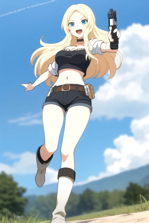 ultra high res, masterpiece, 1girl, IrinaJelaviÄR4, blonde hair, blue eyes, :d, short-shorts, belt, belt_buckle, , blue_sky, , buckle, choker, crop-top, gun holsters, cleavage, boots, cloud, cloudy_sky, condensation_trail, day, long_hair, navel, open_mouth, holding and aiming two pistols, outdoors, sky, smile, solo, full body shot
