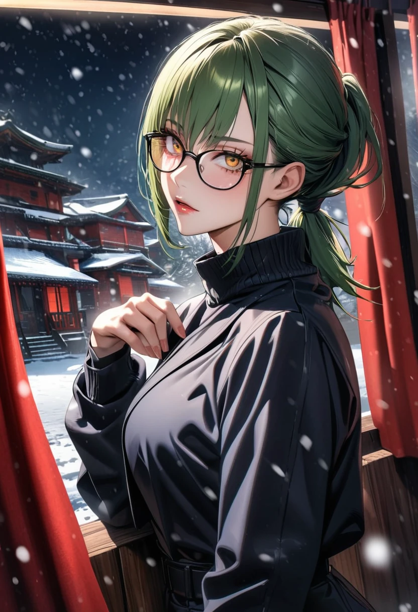 Ultra detailed, highres, absurdres, HDR, Zenin Maki, green hair tied in a ponytail, golden eyes, black glasses, Jujutsu Kaisen, 1 woman only, extremely beautiful, window, snowing, red curtains
