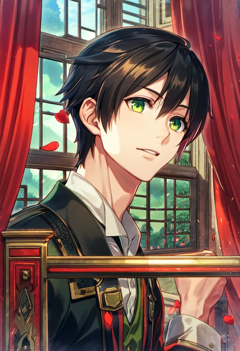 absurdres, highres, ultra detailed, HDR, master piece, best quality, Lindow Amamiya, black hair, expressive green eyes, God Eater, 1man, handsome, window, red curtains, red petals