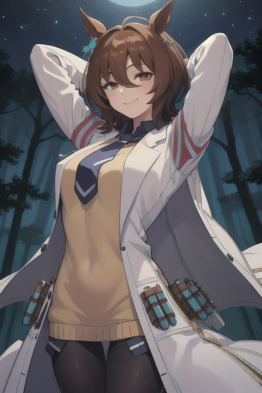 (masterpiece, best quality:1.2), solo, 1girl, agnes tachyon, smile, looking at viewer, horse ears, labcoat, sweater, necktie, pantyhose, single earring, solo focus, solo, night sky, forest, arms behind head, contrapposto, spread armpits, closed mouth, smile, cowboy shot, 