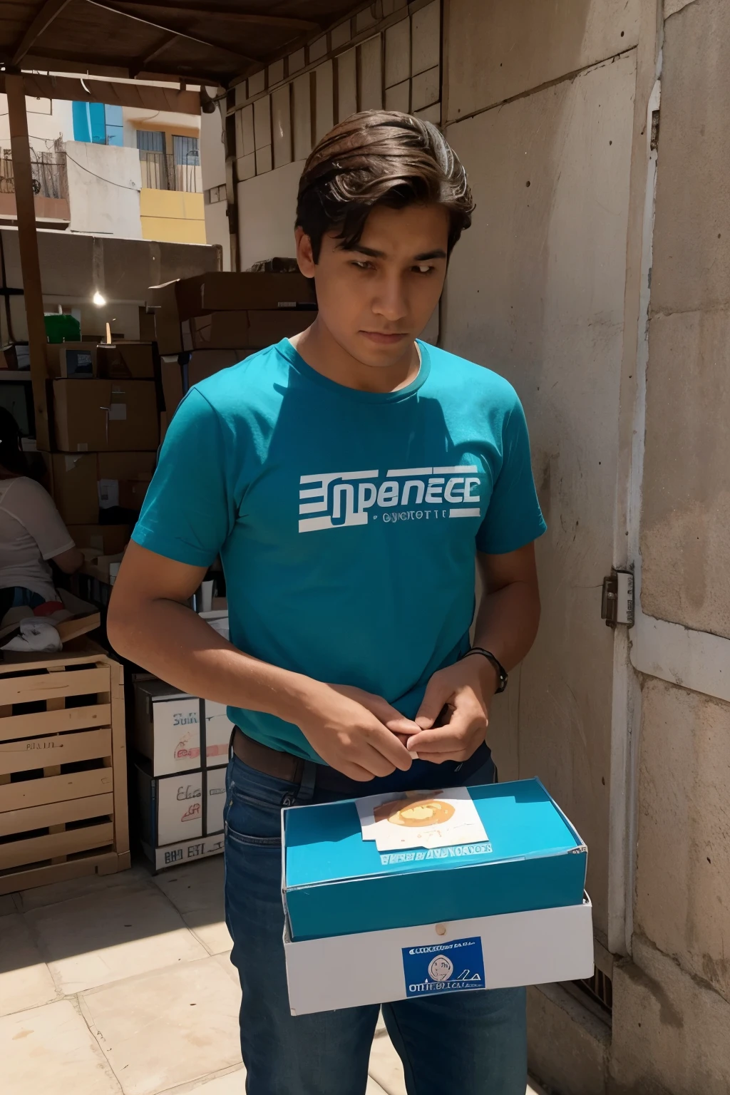 crea un joven emprendedor empezando de 0 en su negocio, vendiendo sus productos en las calles