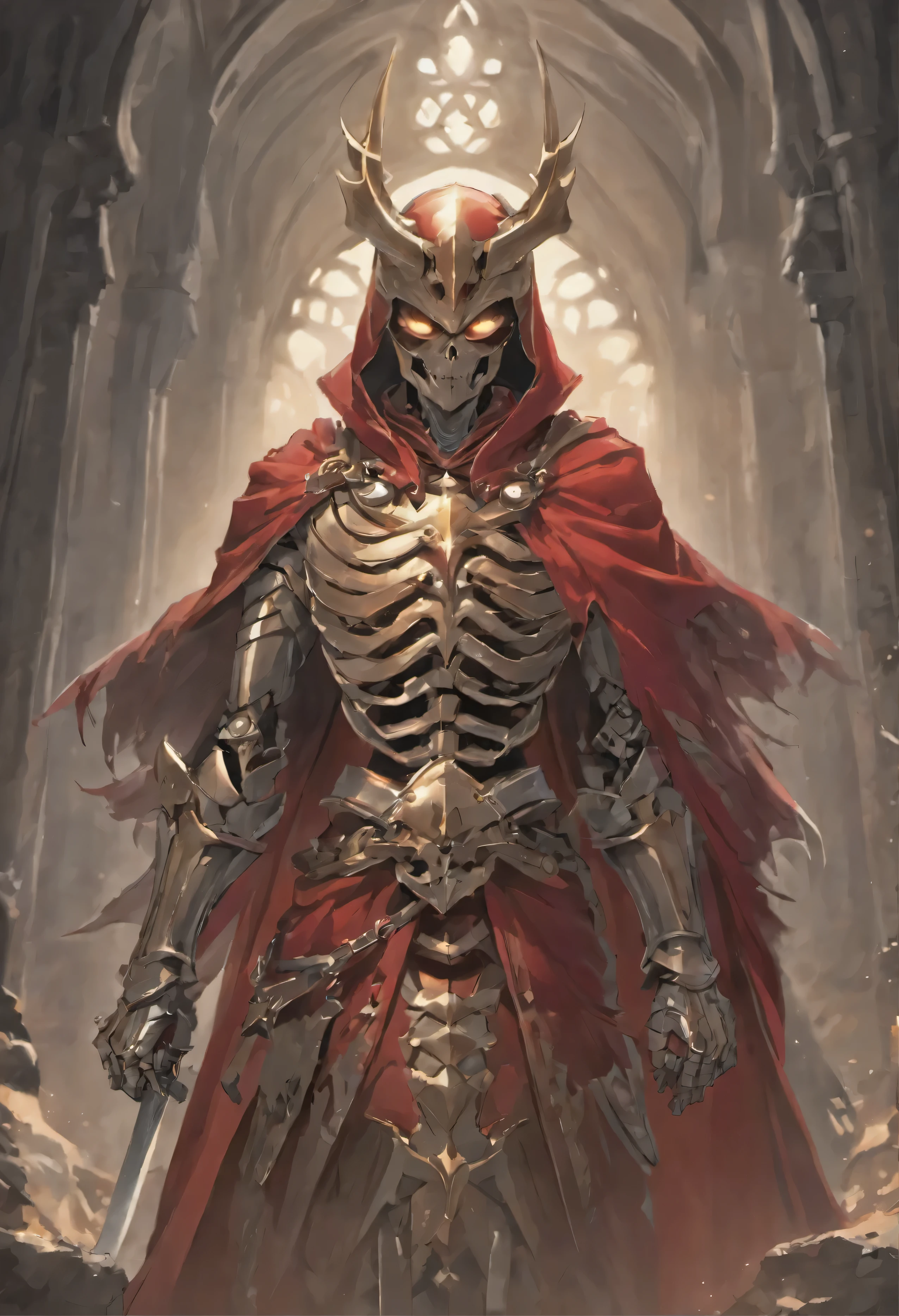 Craft a hyper-realistic portrayal of a skeleton draped in a striking red cloak, standing amidst a landscape of rugged terrain. Render every fold and texture of the fabric with meticulous detail, capturing the interplay of light and shadow as it cascades over the knight's form. The armor should gleam with a lustrous sheen, reflecting the surrounding environment with stunning clarity. Incorporate subtle imperfections and weathering to add depth and authenticity to the scene, immersing the viewer in a world where every scratch and scuff tells a story of battles fought and victories won. This hyper-realistic depiction should transport viewers to a realm where the line between fantasy and reality blurs, leaving them in awe of the knight's strength and presenc