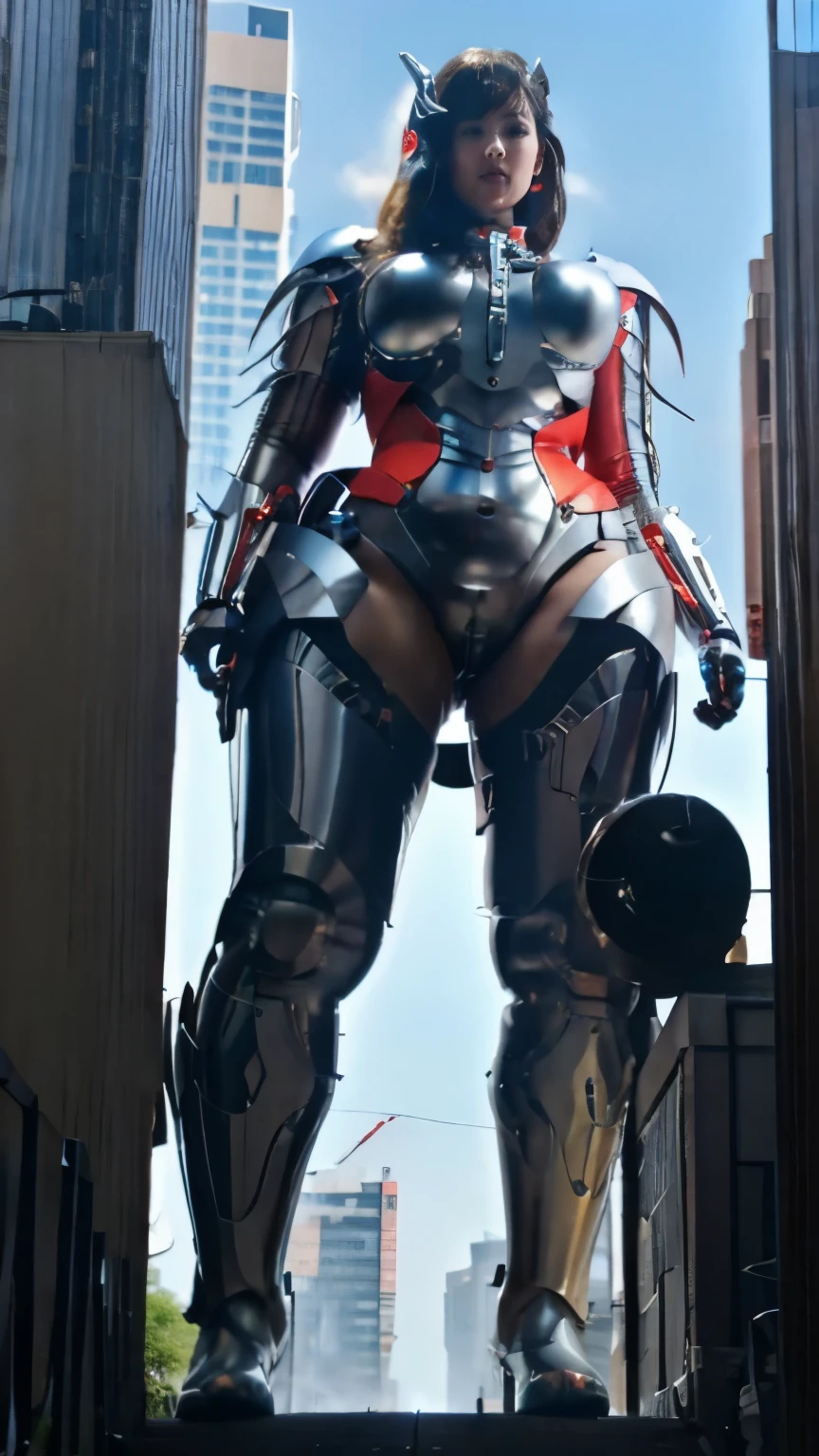 Ultraman、Giant、Taller than a building、woman、realistic、High level image quality、write, shiny suit、Ultramanボディスーツ、Silver and red bodysuit、professional photos、Do not expose your skin、wearing a helmet,silver helmet,,((Saggy huge)),((heavy body)),((wide hips)),((thick body)),((fat belly)),((fat girl)),((Chubby)),((big size)),((1人の白人woman)),((hair)),((short hair)),(()),((full body portrait))、very plump, thick body, 最もwide hips, she is plump, round belly,つま先立ちでstand、The skin is not exposed、Looking up angle、walking pose、high heels、Tokyo、stand, plump thighs，full body portrait、